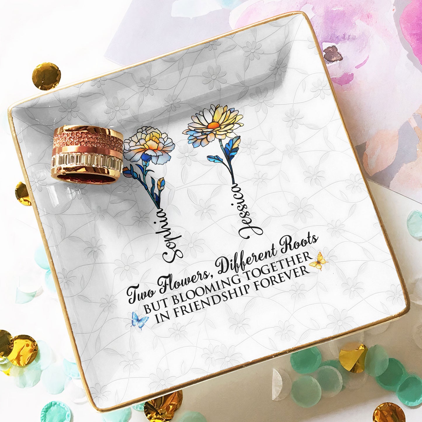 Two Flowers Different Roots Blooming Friendship Forever - Personalized Jewelry Dish