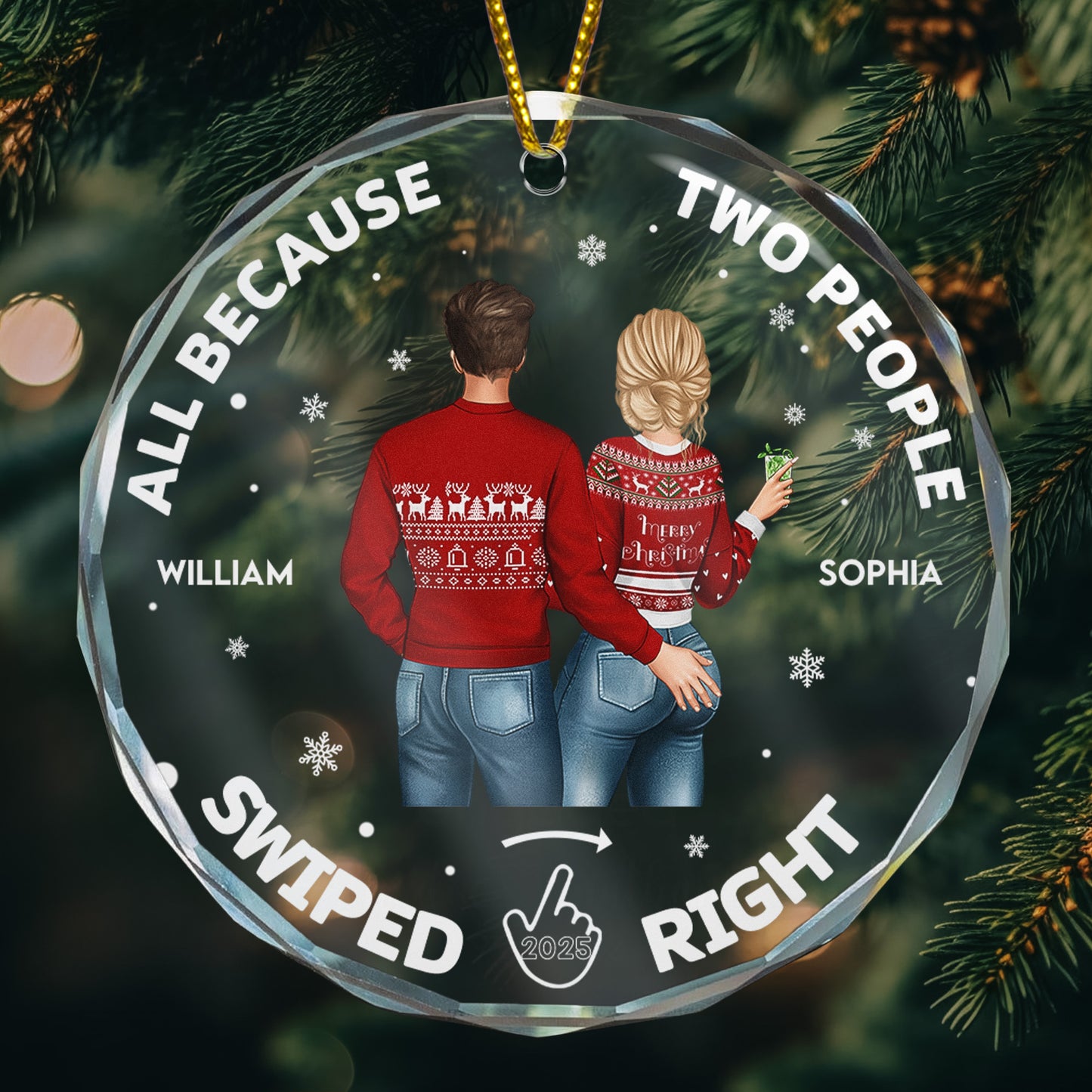 Two People Swiped Right - Personalized Glass Ornament