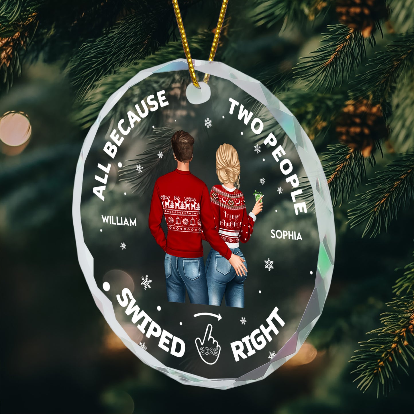 Two People Swiped Right - Personalized Glass Ornament