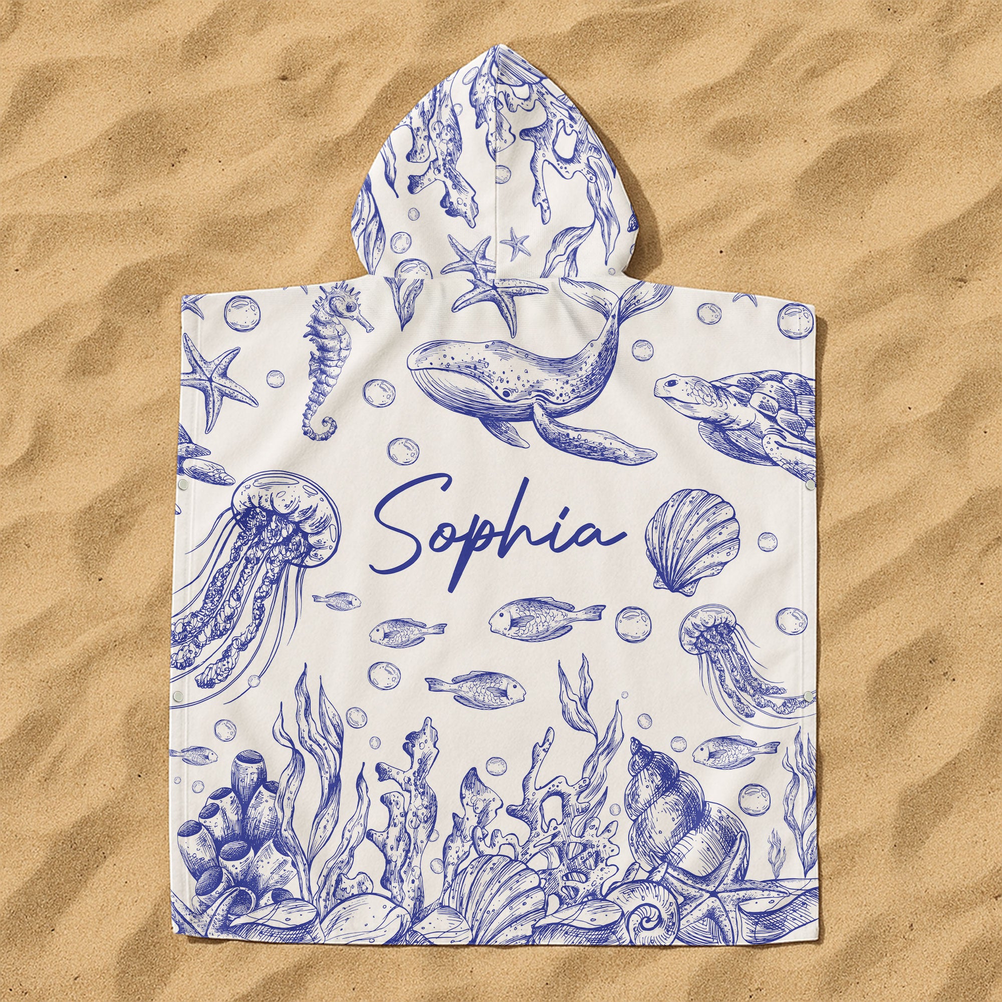Under The Sea Toile De Jouy - Personalized Kids Hooded Towel