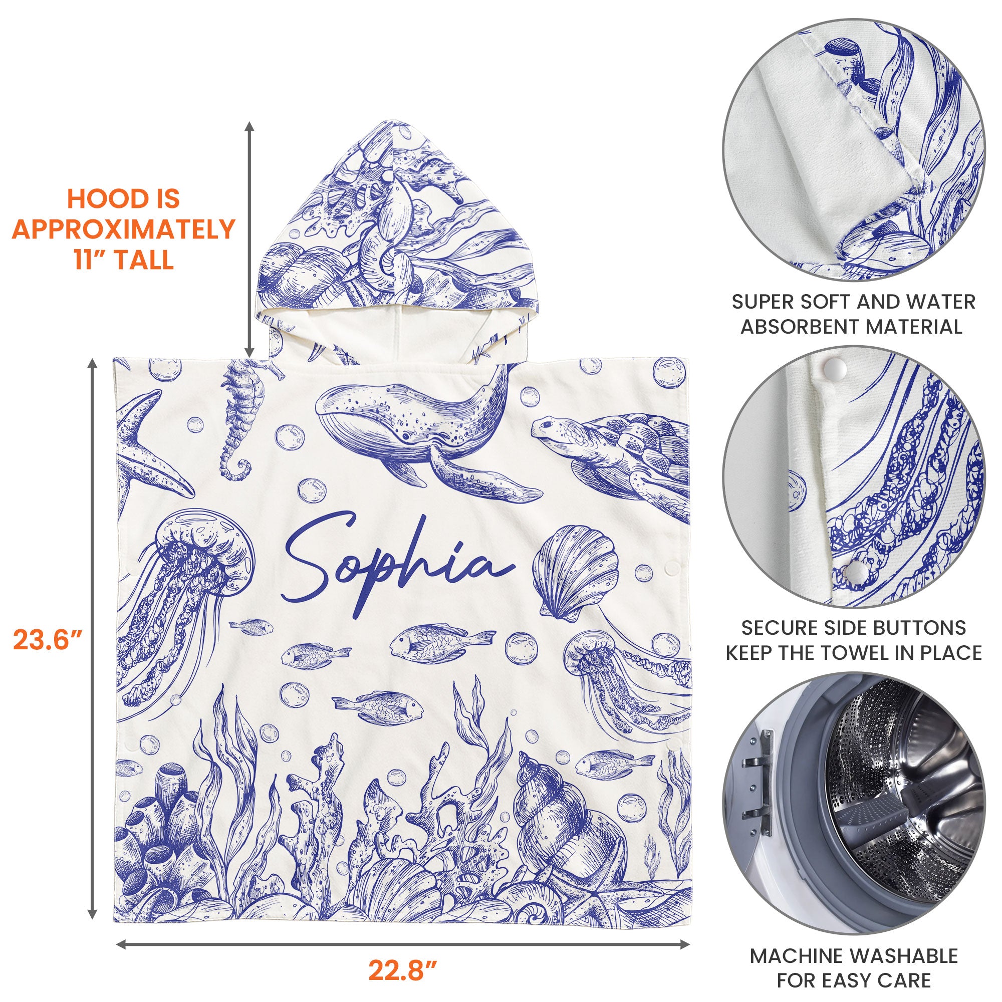 Under The Sea Toile De Jouy - Personalized Kids Hooded Towel