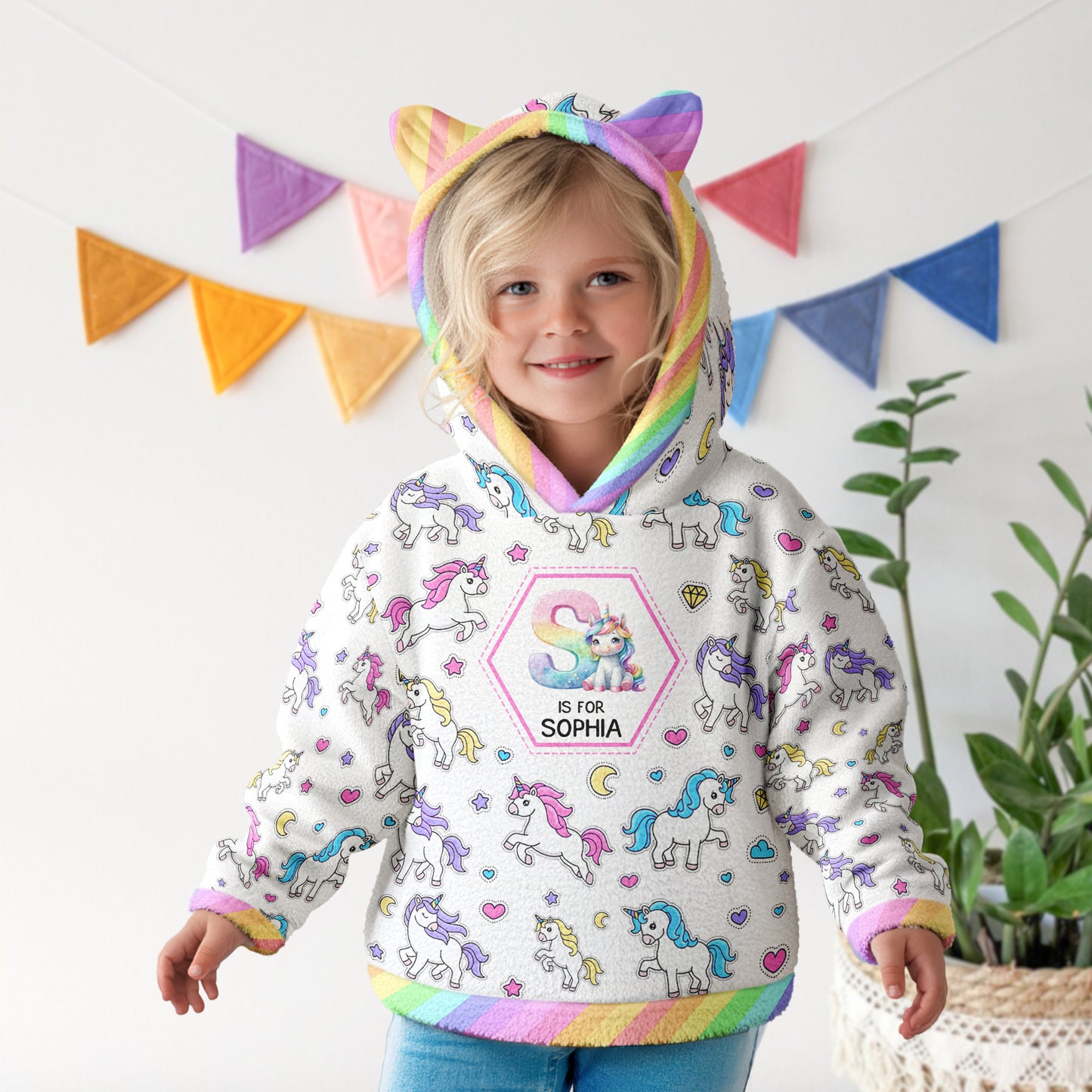 Unicorn Alphabet Gift For Kid - Personalized Kid Fleece Hooded Sweatshirt With Ears