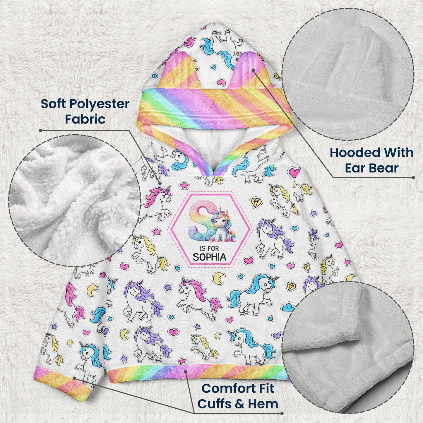 Unicorn Alphabet Gift For Kid - Personalized Kid Fleece Hooded Sweatshirt With Ears