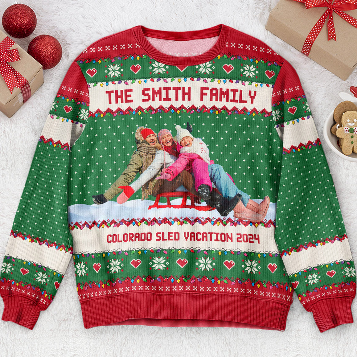 Upload Funny Photo For Family, Friend - Sled Fun Sleigh - Personalized Photo Ugly Sweater