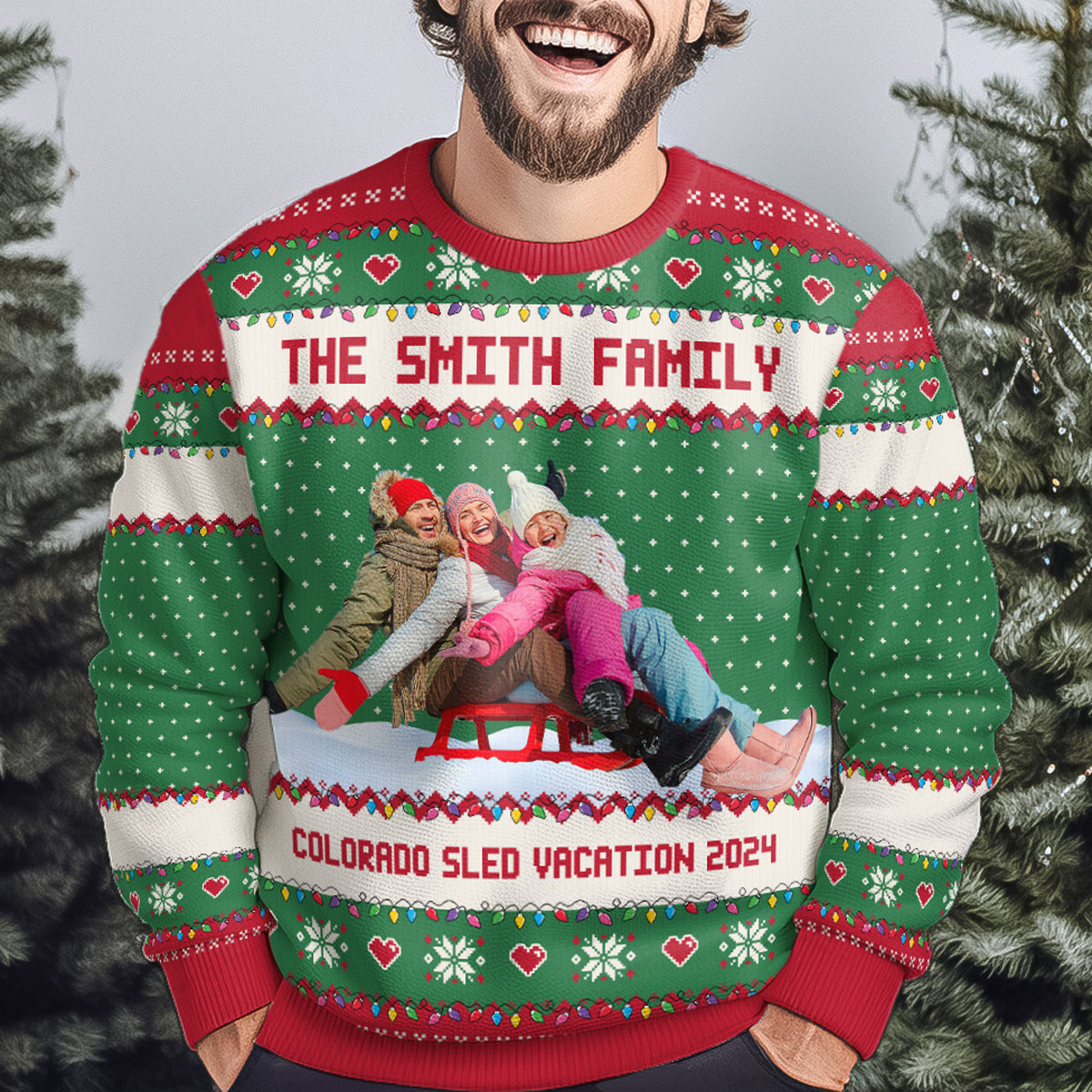 Upload Funny Photo For Family, Friend - Sled Fun Sleigh - Personalized Photo Ugly Sweater