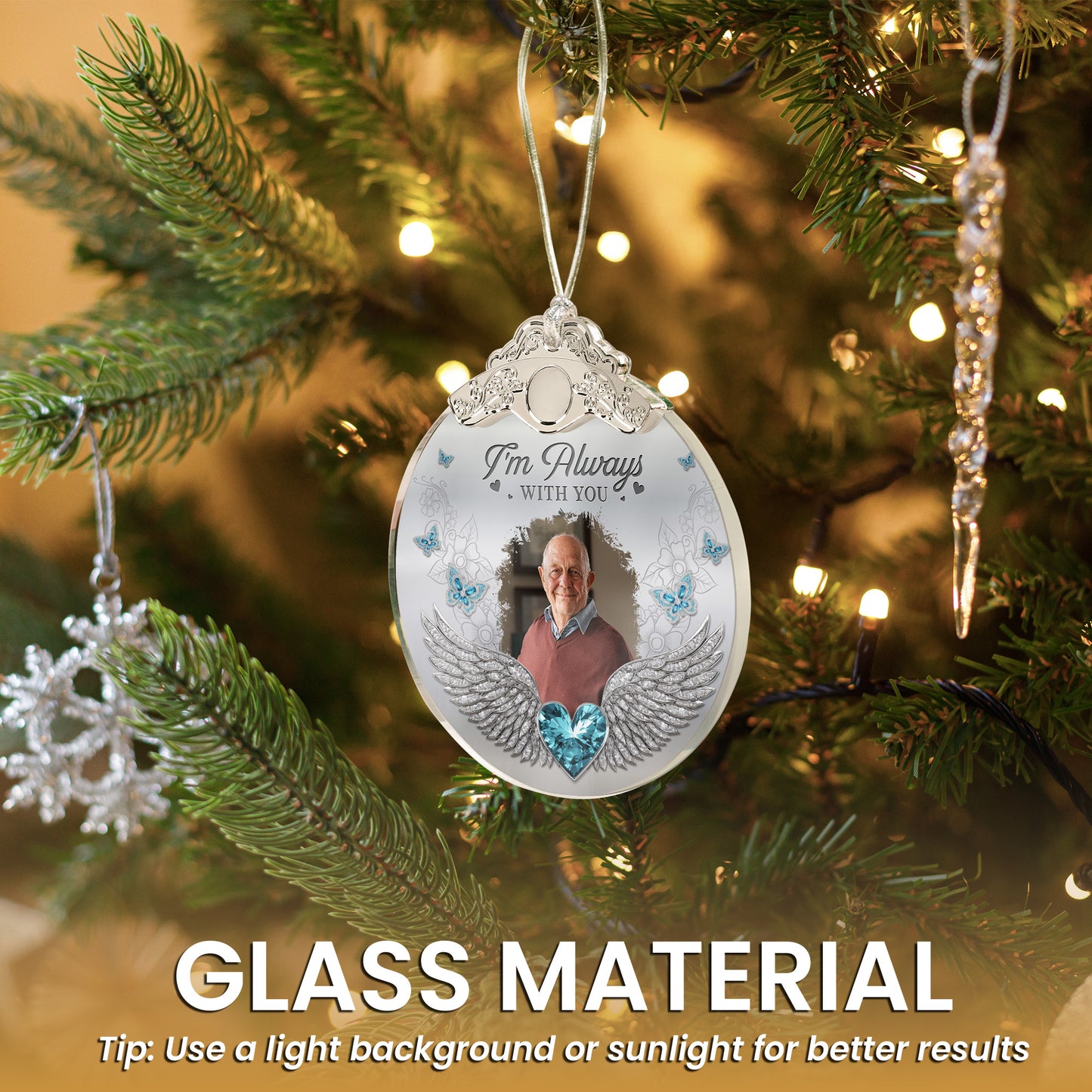 Upload Photo Memorial Gifts I Am Always With You - Personalized Glass Photo Ornament With Silver Cap