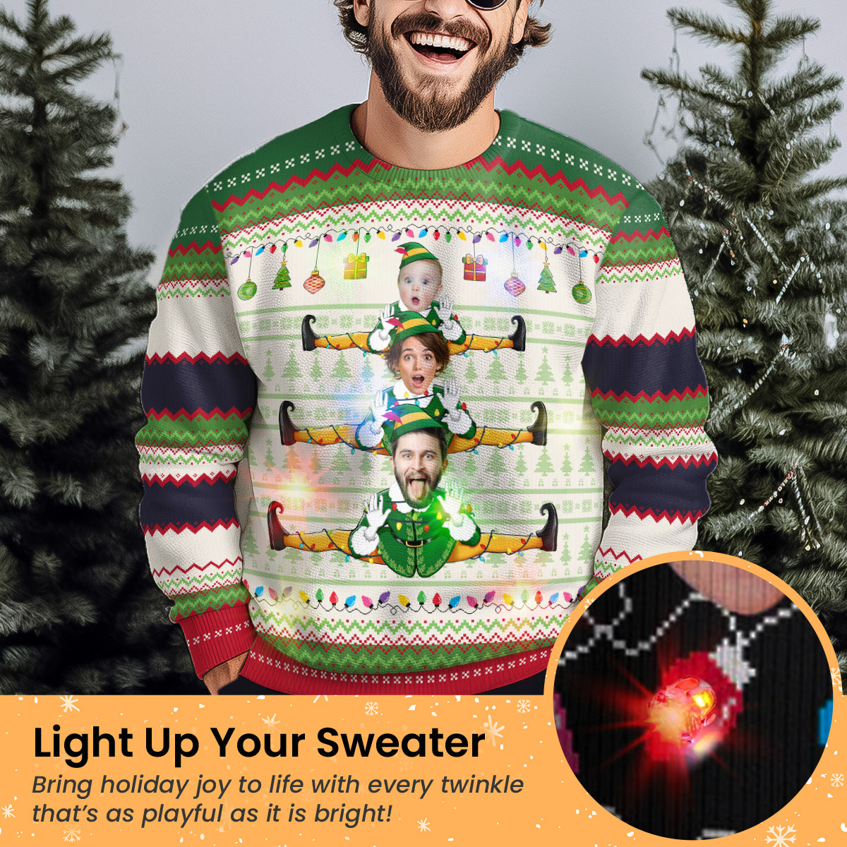 Custom Face Family Funny Elf Christmas Tree - Personalized Photo Ugly Sweater