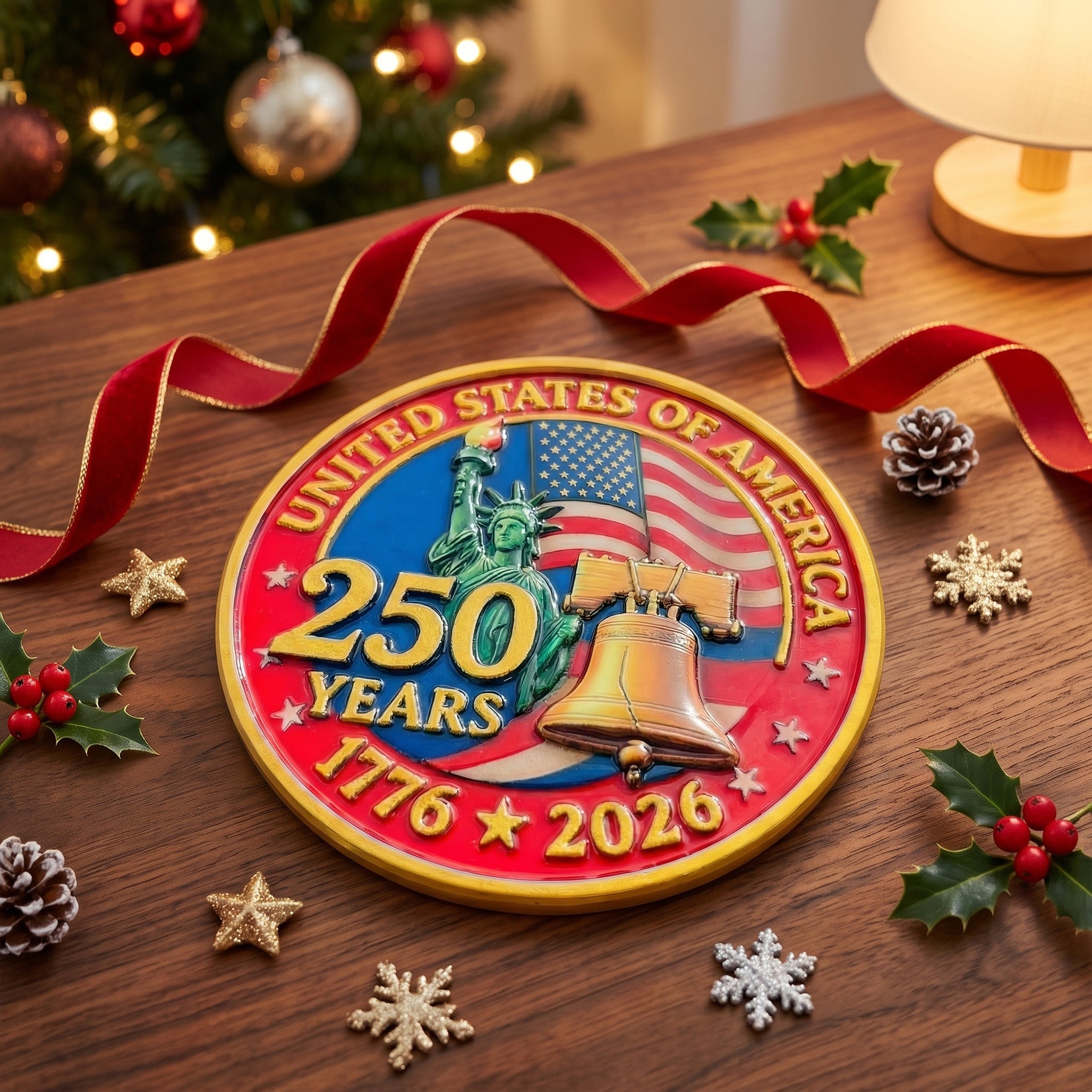 USA 250th Anniversary Resin Ornament, 1776-2026 Liberty Bell Decoration, Patriotic Ornament