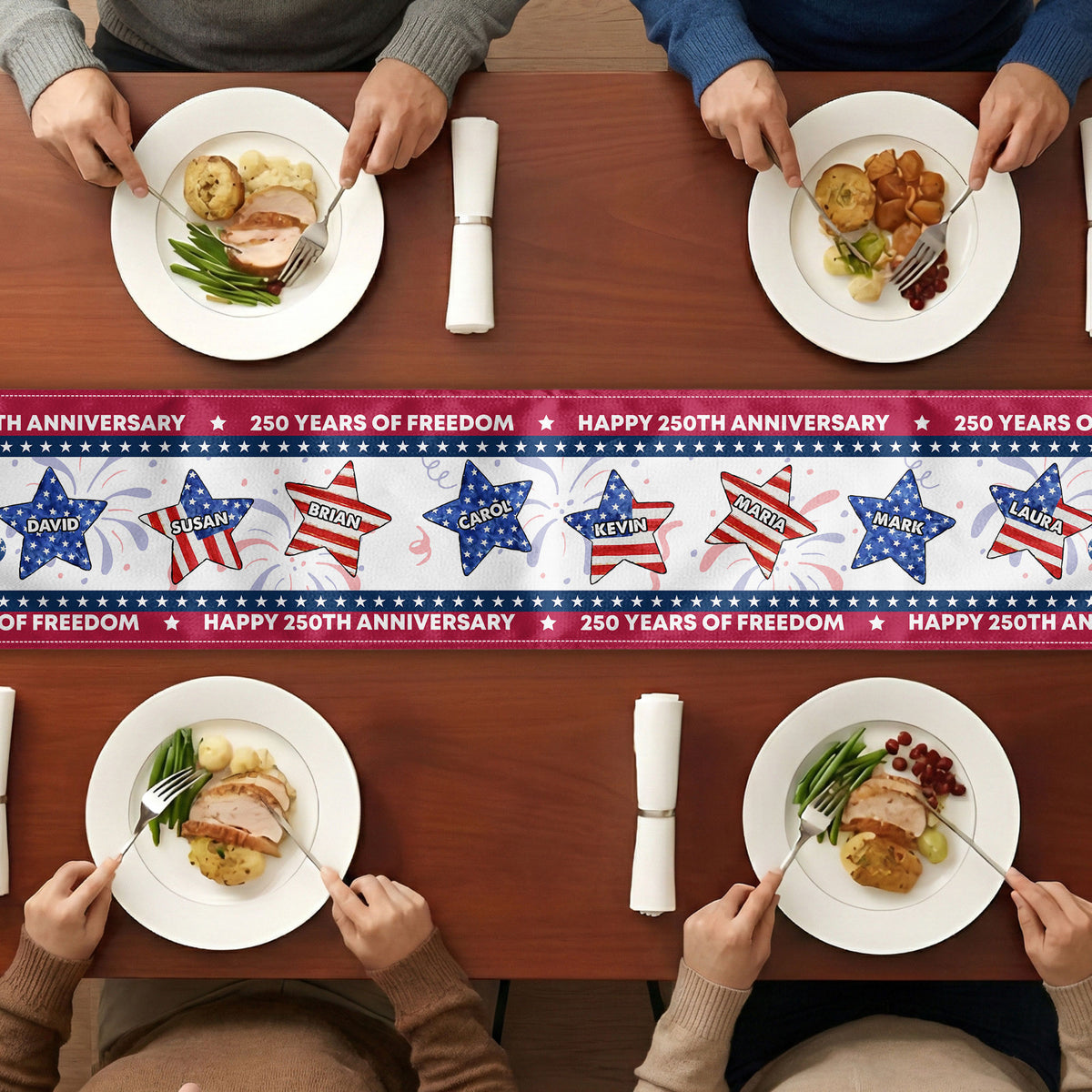 USA 250th Birthday Custom Name Patriotic Star - Personalized Table Runner