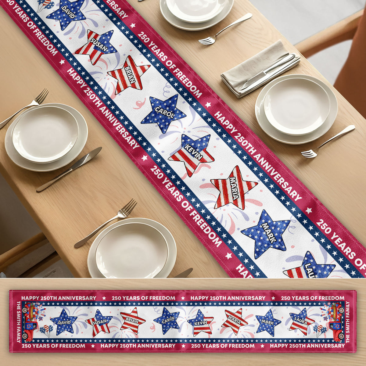 USA 250th Birthday Custom Name Patriotic Star - Personalized Table Runner