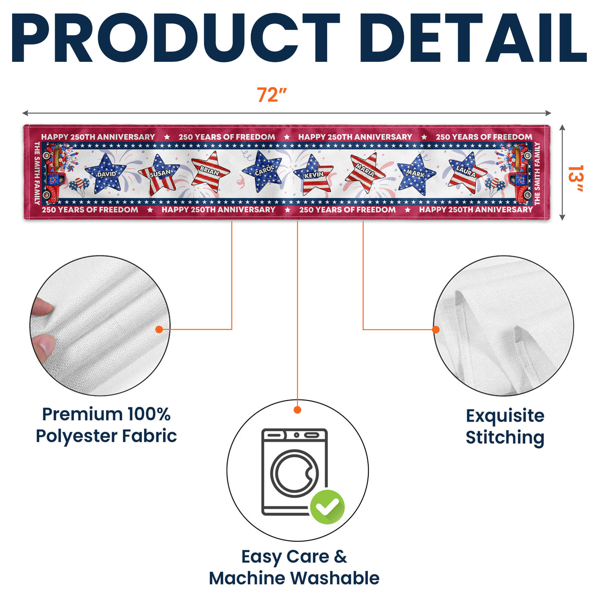 USA 250th Birthday Custom Name Patriotic Star - Personalized Table Runner