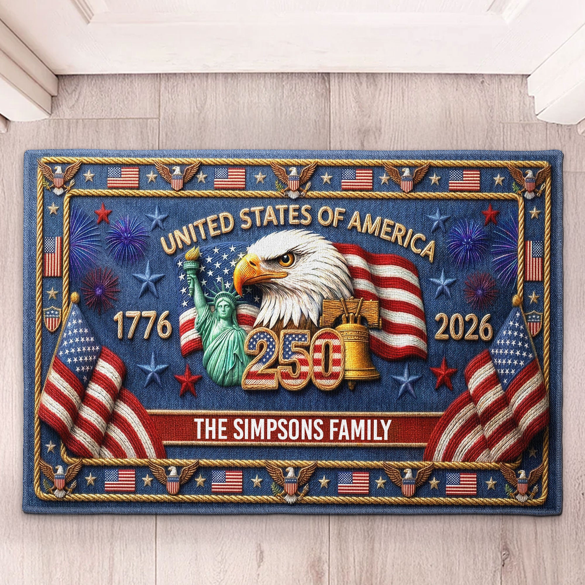 Usa_250_Years_Of_Freedom_Faux_Pattern_Personalized_Doormat_1