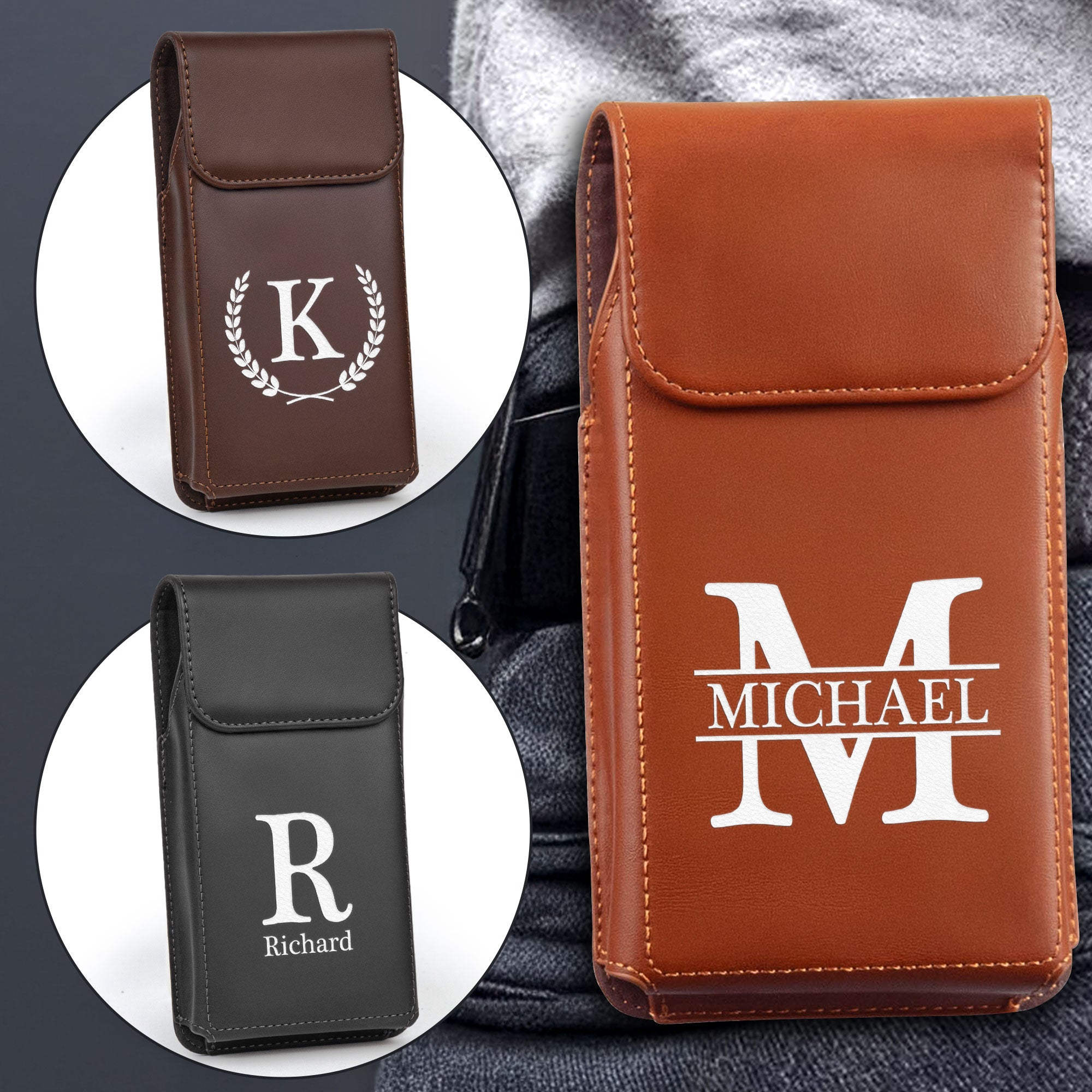 Vintage Custom Name & Symbols For Men, Husband, Dad - Personalized Leather Phone Holster