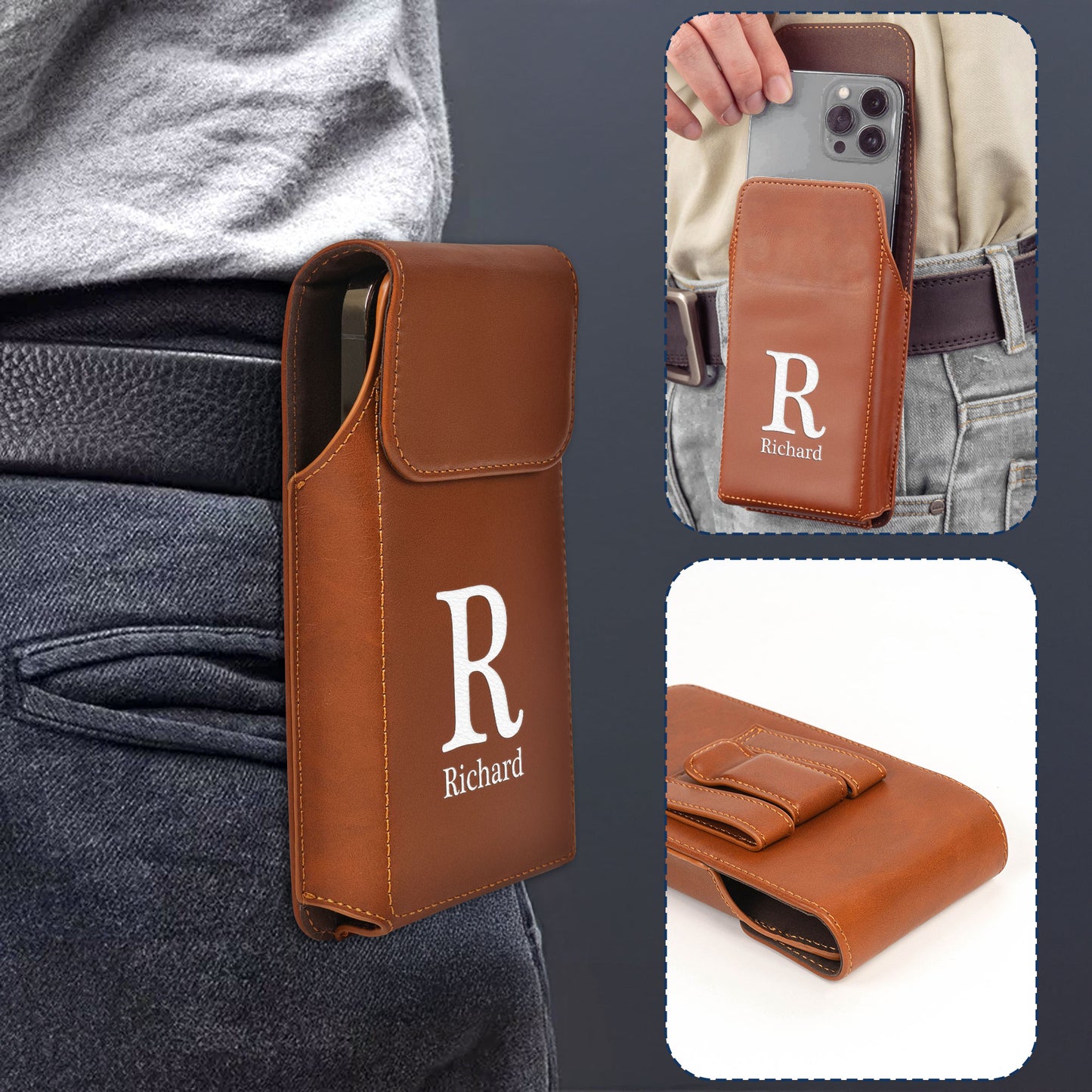 Vintage Custom Name & Symbols For Men, Husband, Dad - Personalized Leather Phone Holster