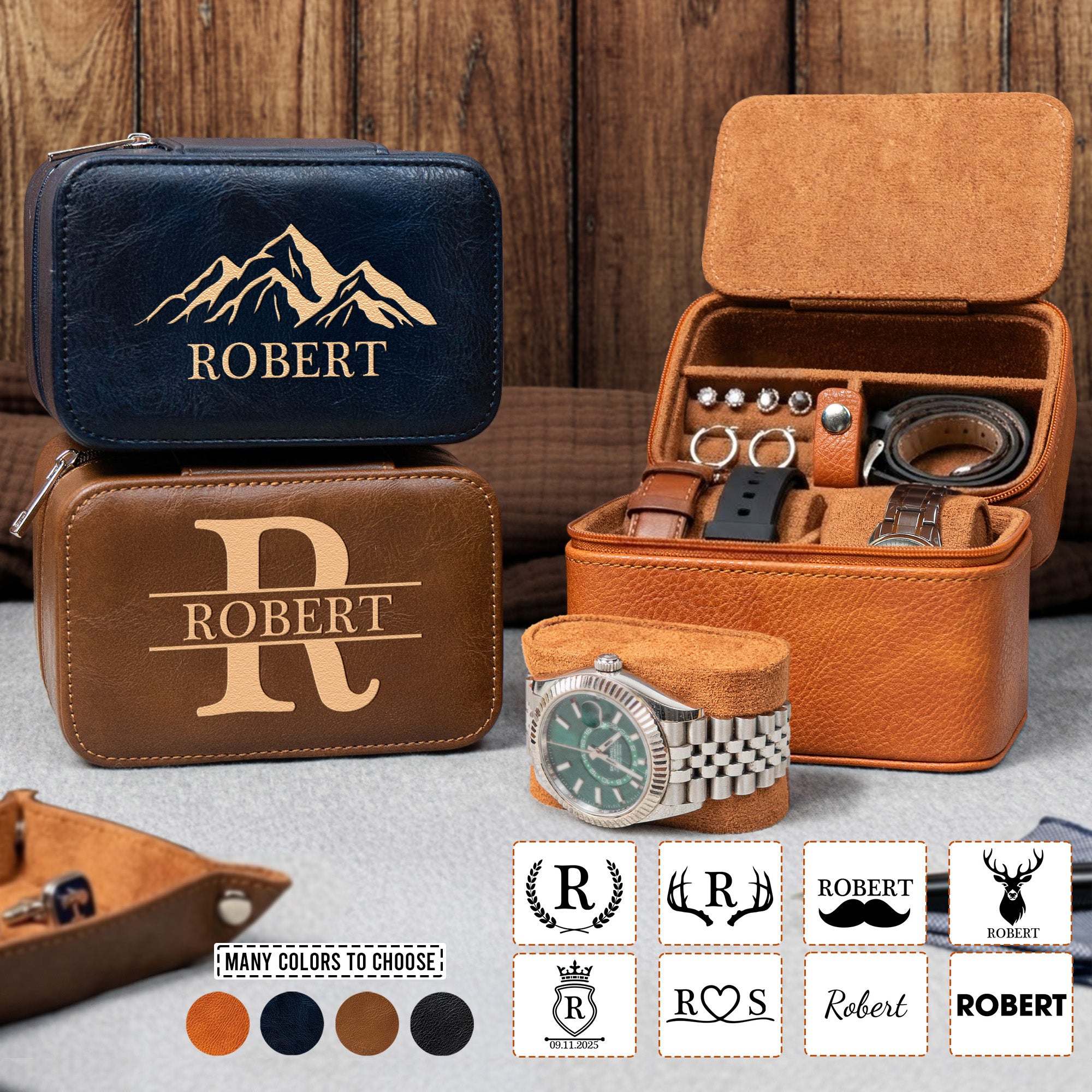 Vintage Custom Name, Initial For Men, Grandpa, Husband, Dad - Personalized Watch Travel Case