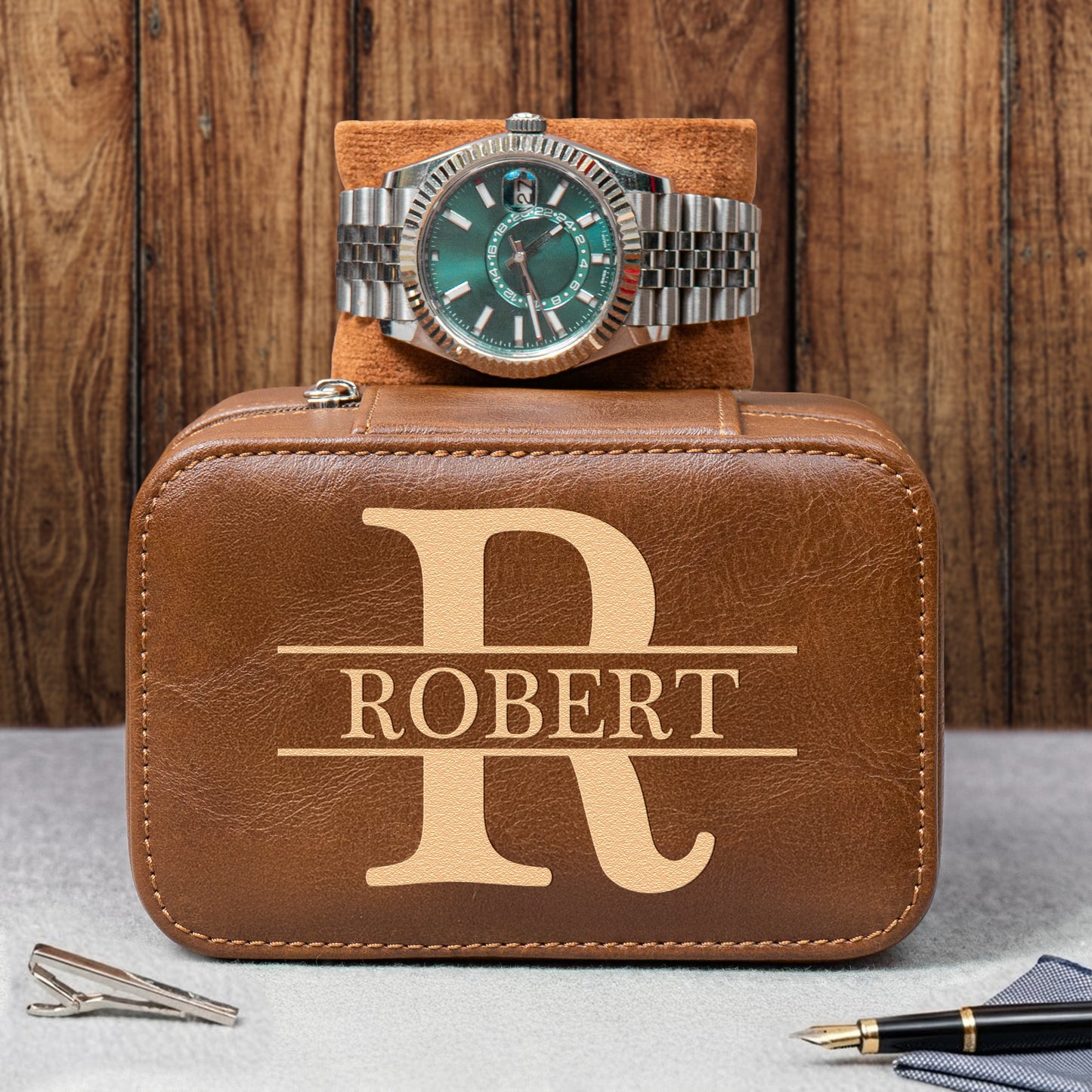 Vintage Custom Name, Initial For Men, Grandpa, Husband, Dad - Personalized Watch Travel Case