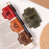 Vintage Monogram Book Mark For Book Lover, Reader - Personalized Engraved Leather Magnetic Bookmark With Pen Clip