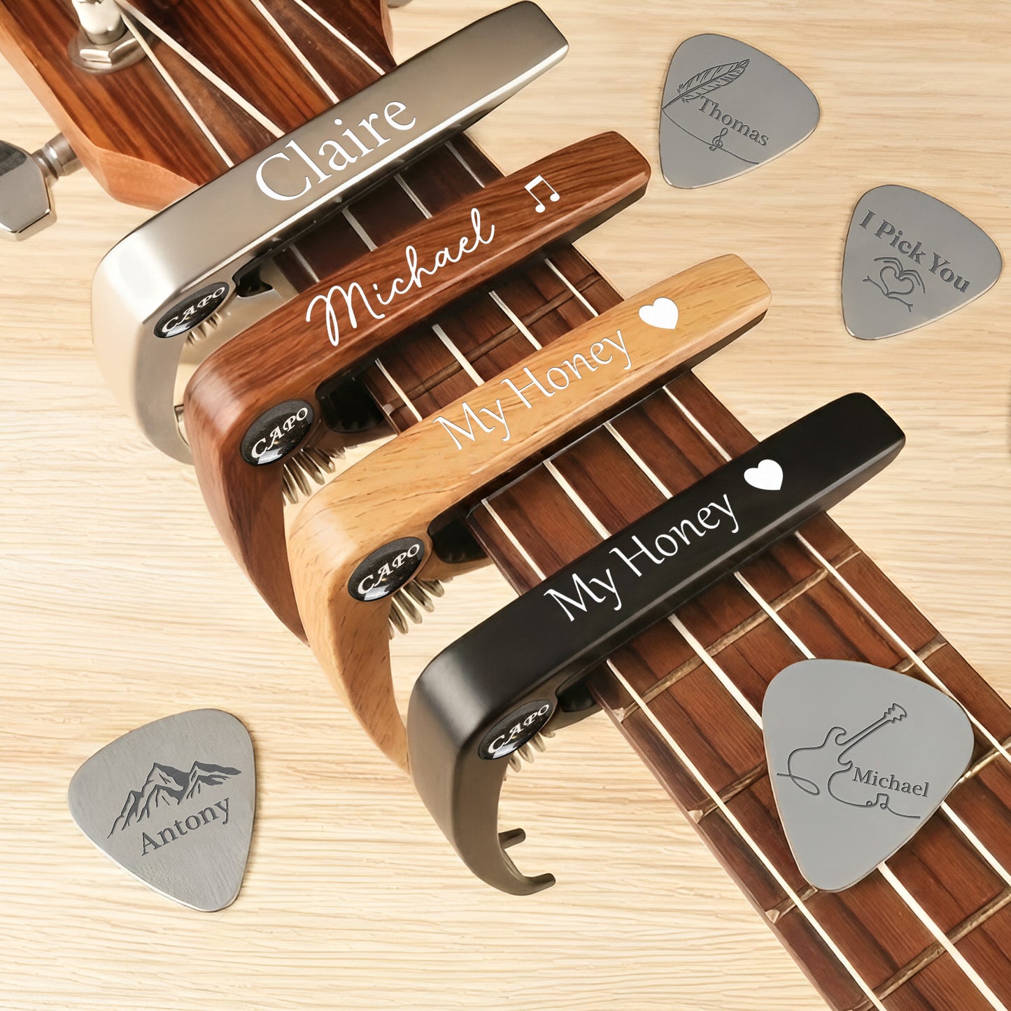 Vintage Monogram For Guitarist, Guitar Lover - Personalized Guitar Capo With Pick