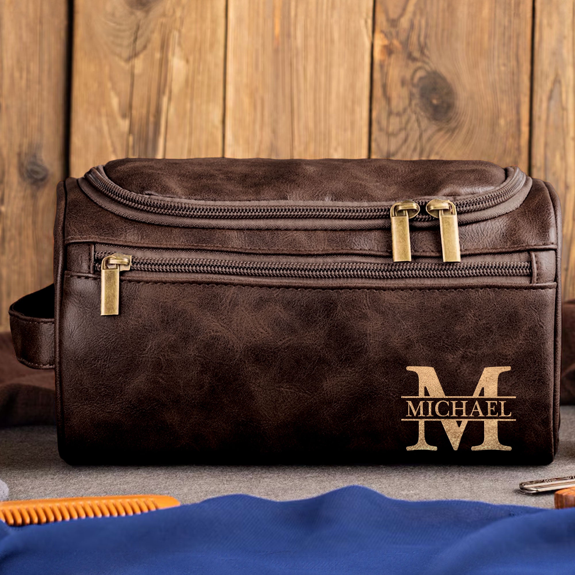 Vintage Monogram - Personalized Leather Toiletry Bag