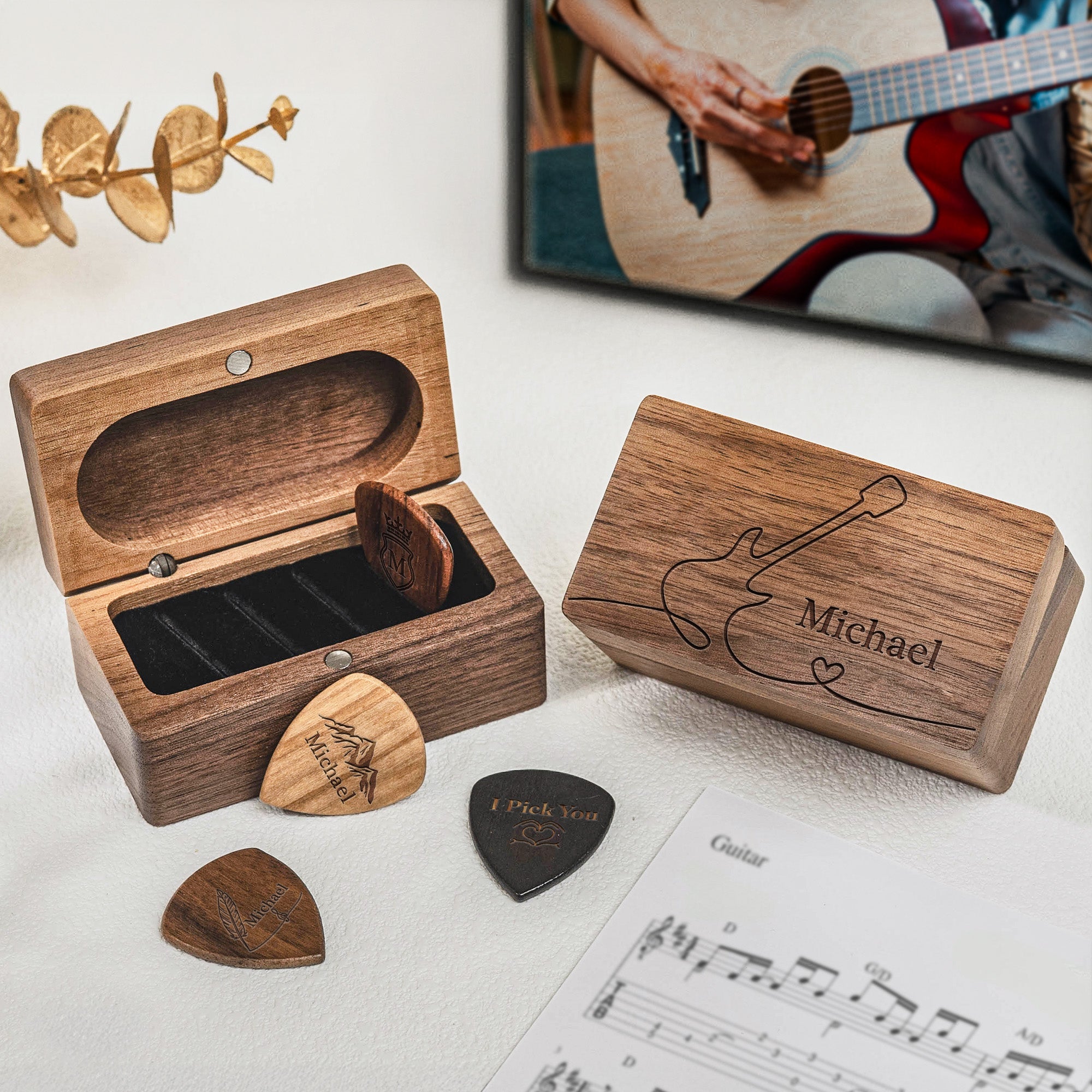 Vintage Monogram - Personalized Wooden Guitar Pick Box