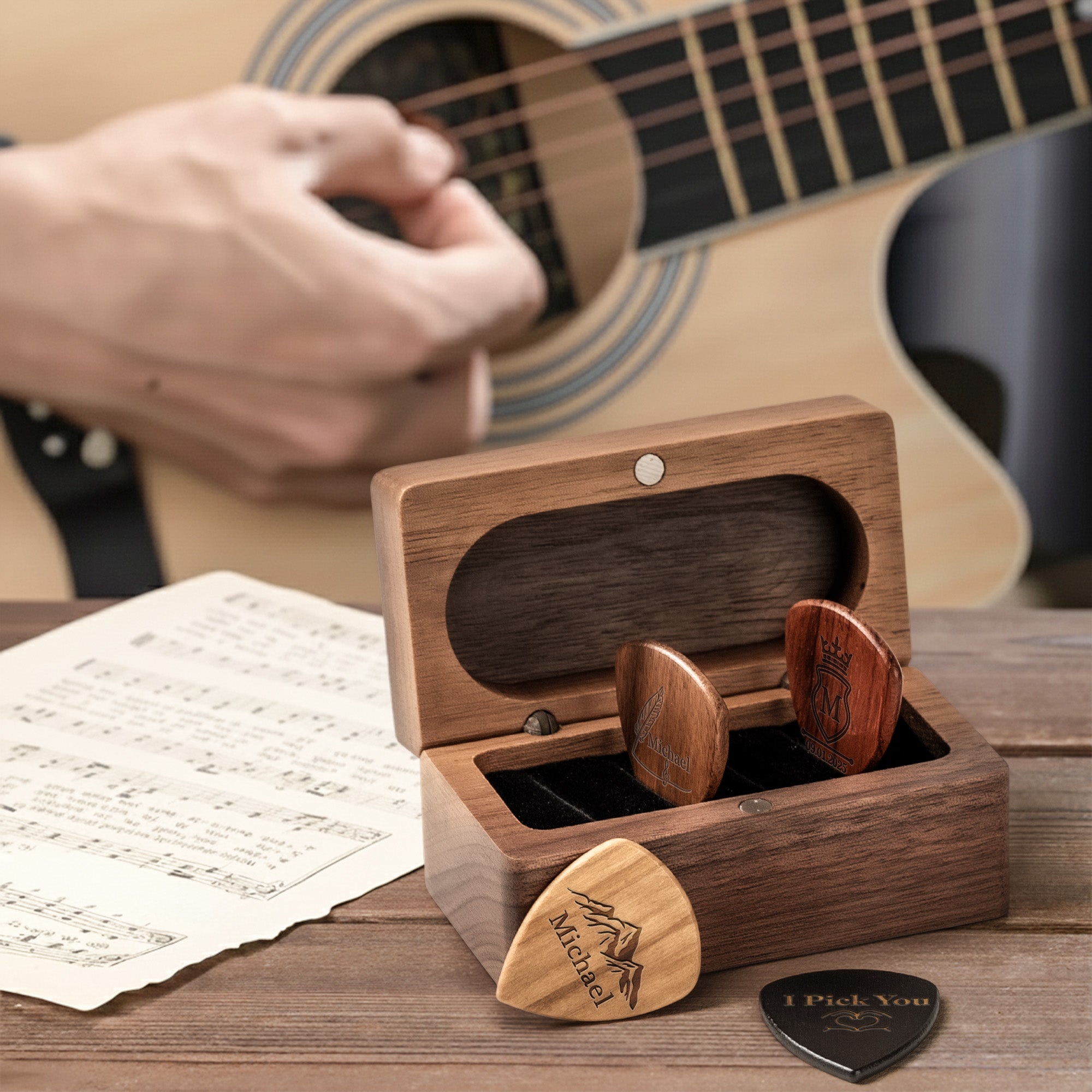 Vintage Monogram - Personalized Wooden Guitar Pick Box