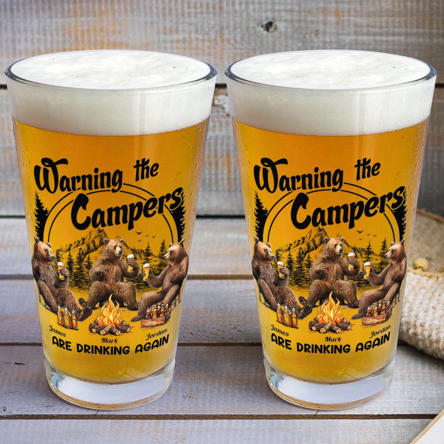 Warning The Campers Are Dinking Again - Personalized Beer Glass