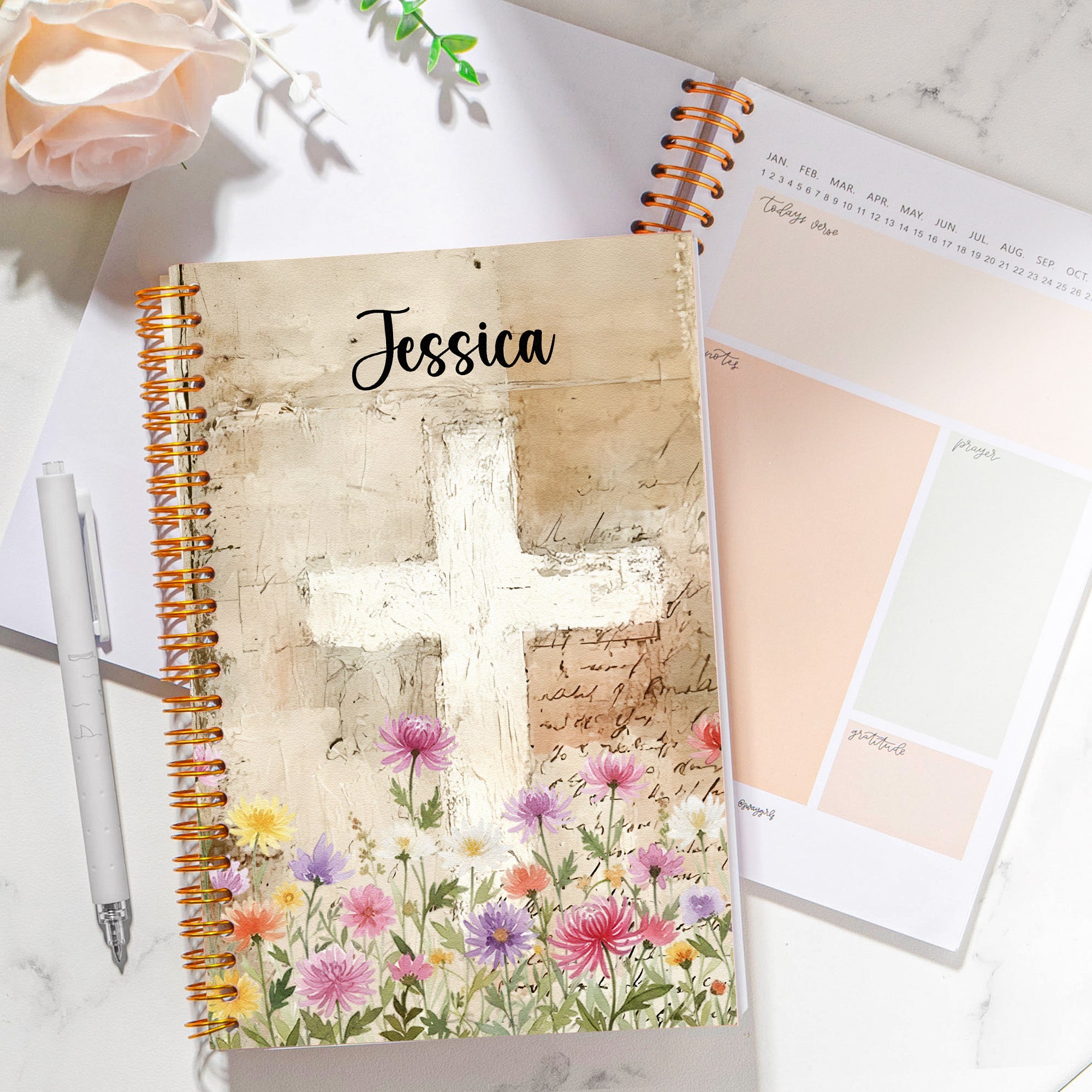 Watercolor Birth Flower Cross Prayer Journal For Her - Personalized Prayer Journal