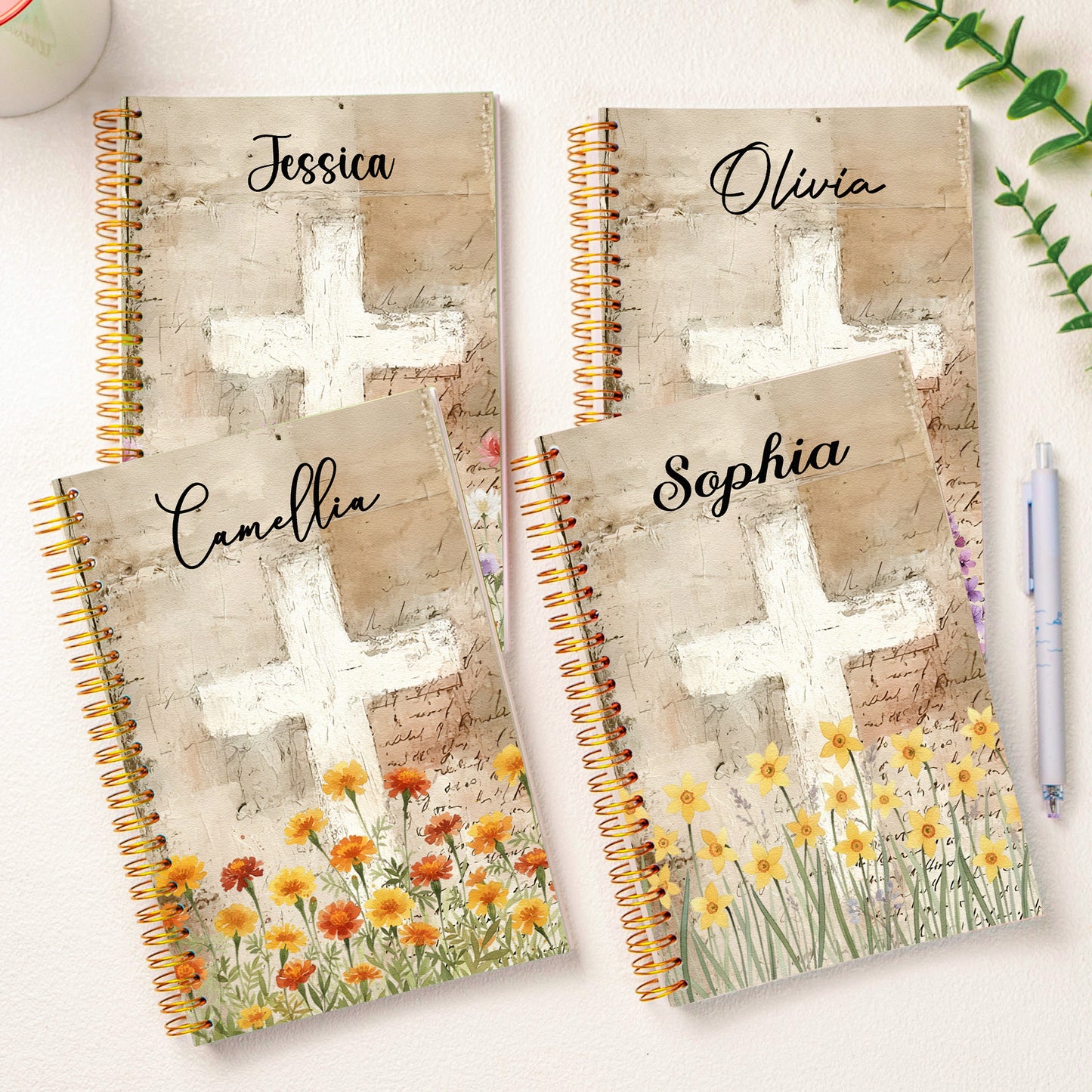 Watercolor Birth Flower Cross Prayer Journal For Her - Personalized Prayer Journal