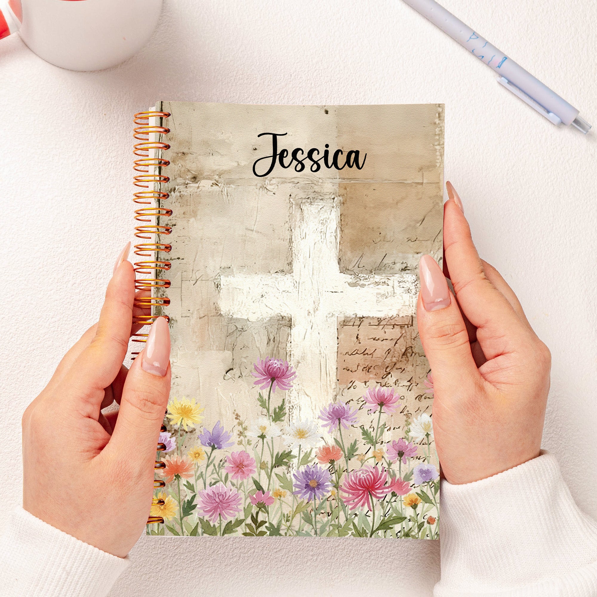 Watercolor Birth Flower Cross Prayer Journal For Her - Personalized Prayer Journal