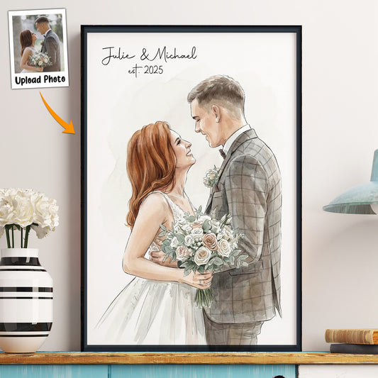 Watercolor Portrait Couple First Anniversary Valentine's Day - Personalized Photo Poster