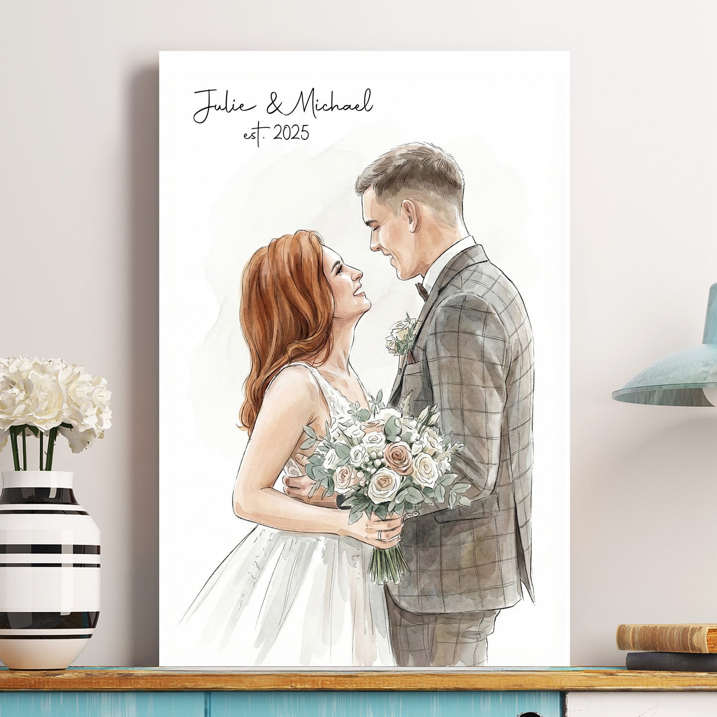 Watercolor Portrait Couple First Anniversary Valentine's Day - Personalized Photo Poster