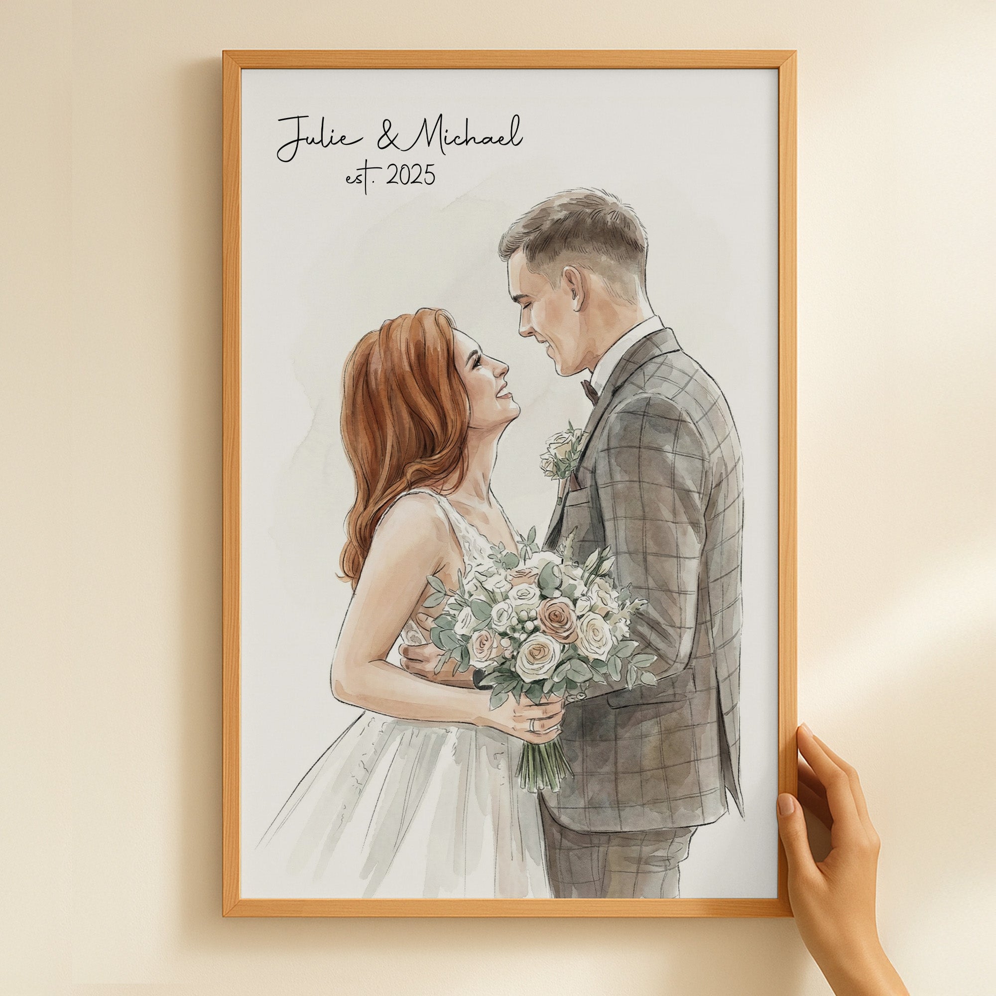 Watercolor Portrait Couple First Anniversary Valentine's Day - Personalized Photo Poster