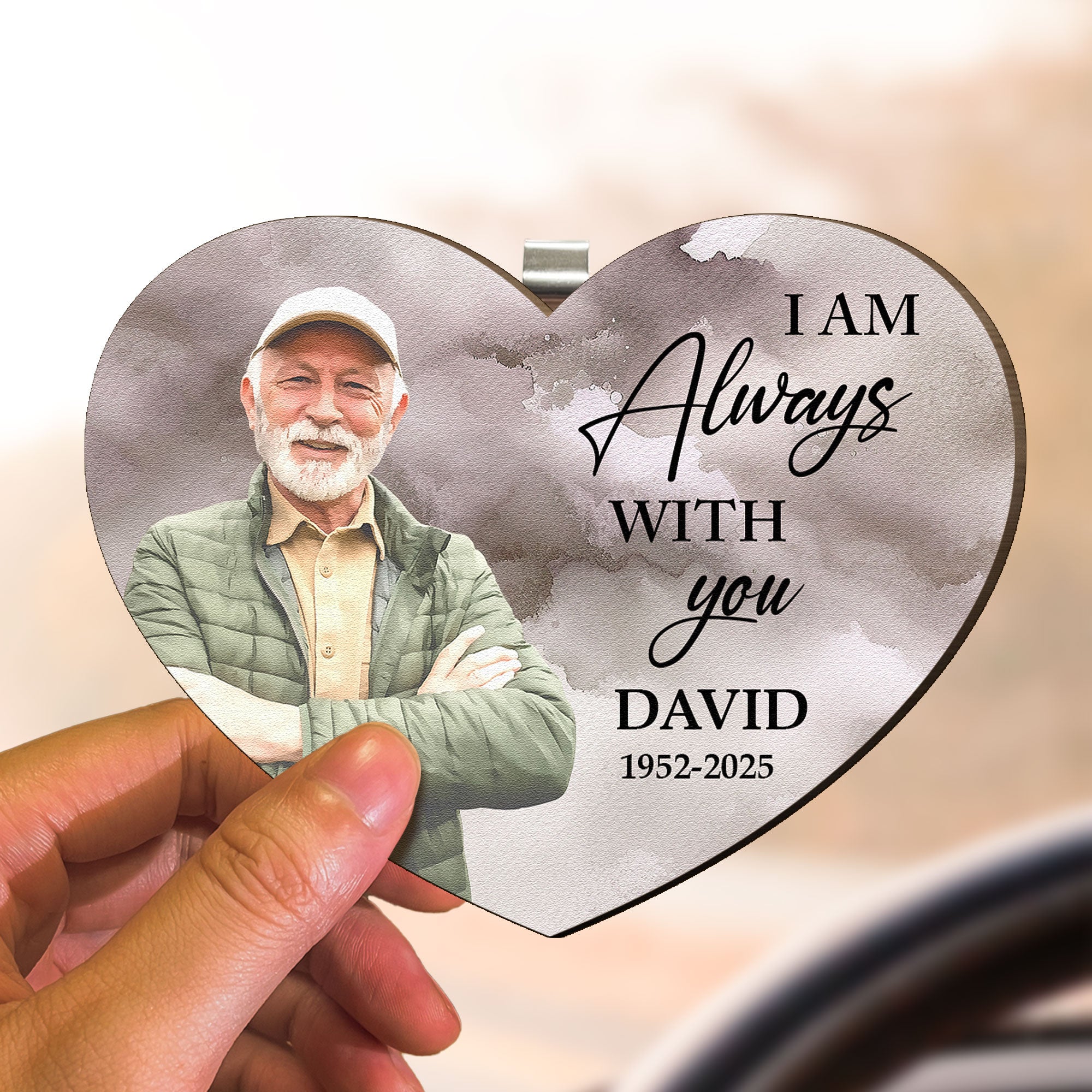 Watercolor Style I'm Always With You Memorial Gift - Personalized Wooden Photo Car Visor Clip