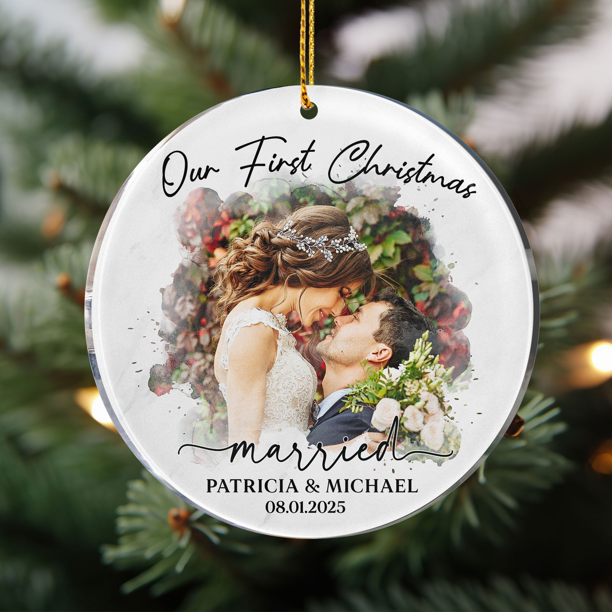 Watercolor Style Our First Christmas Married - Personalized Acrylic Photo Ornament