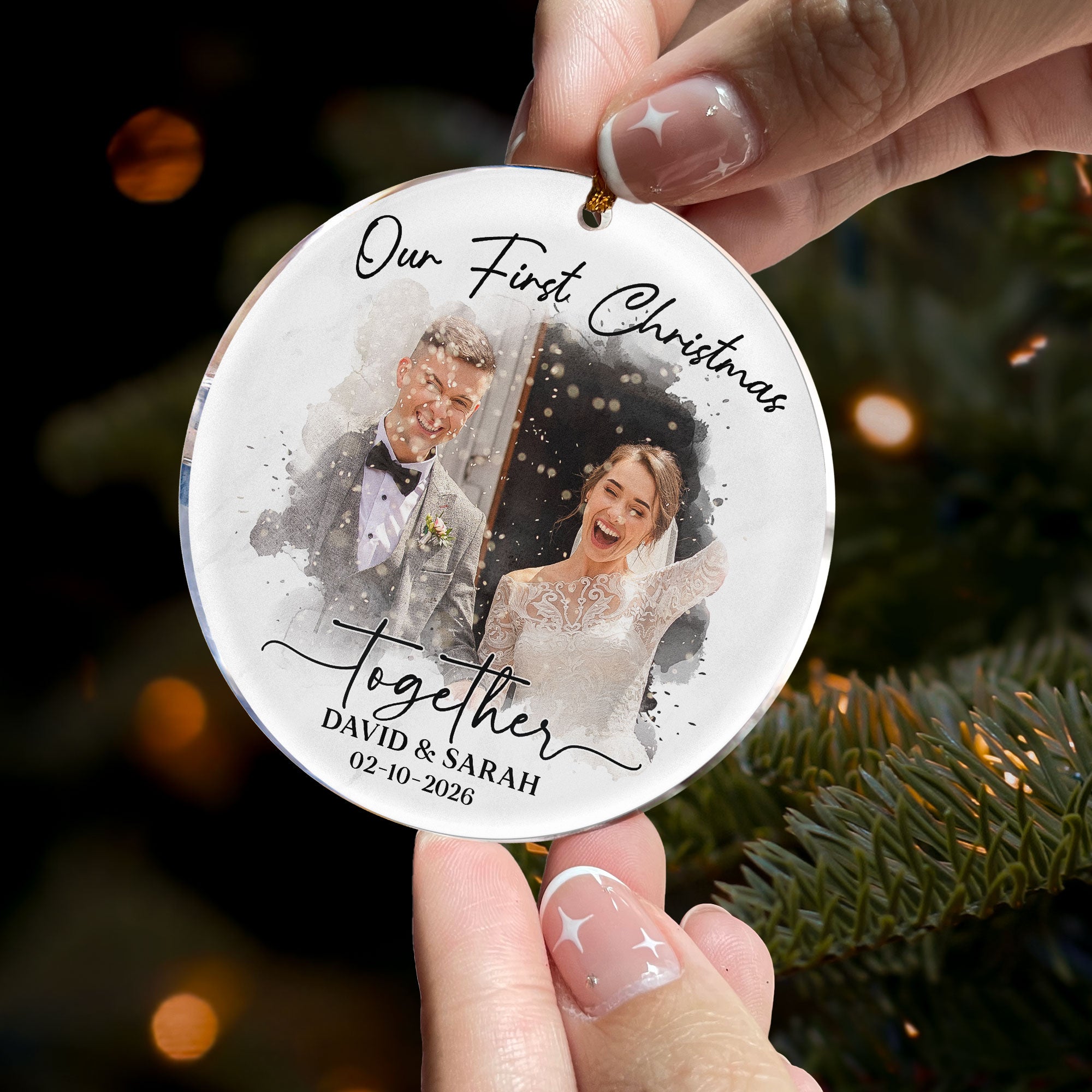 Watercolor Style Our First Christmas Married - Personalized Acrylic Photo Ornament