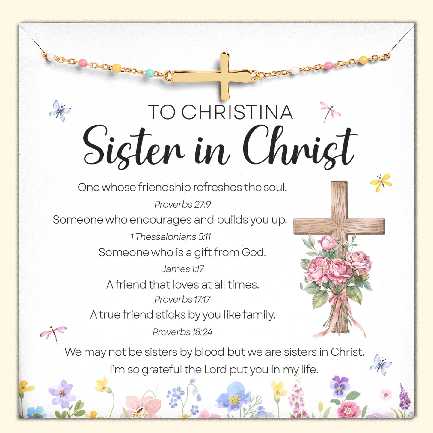 We Are Sisters In Christ - Cross Bracelet With Custom Card