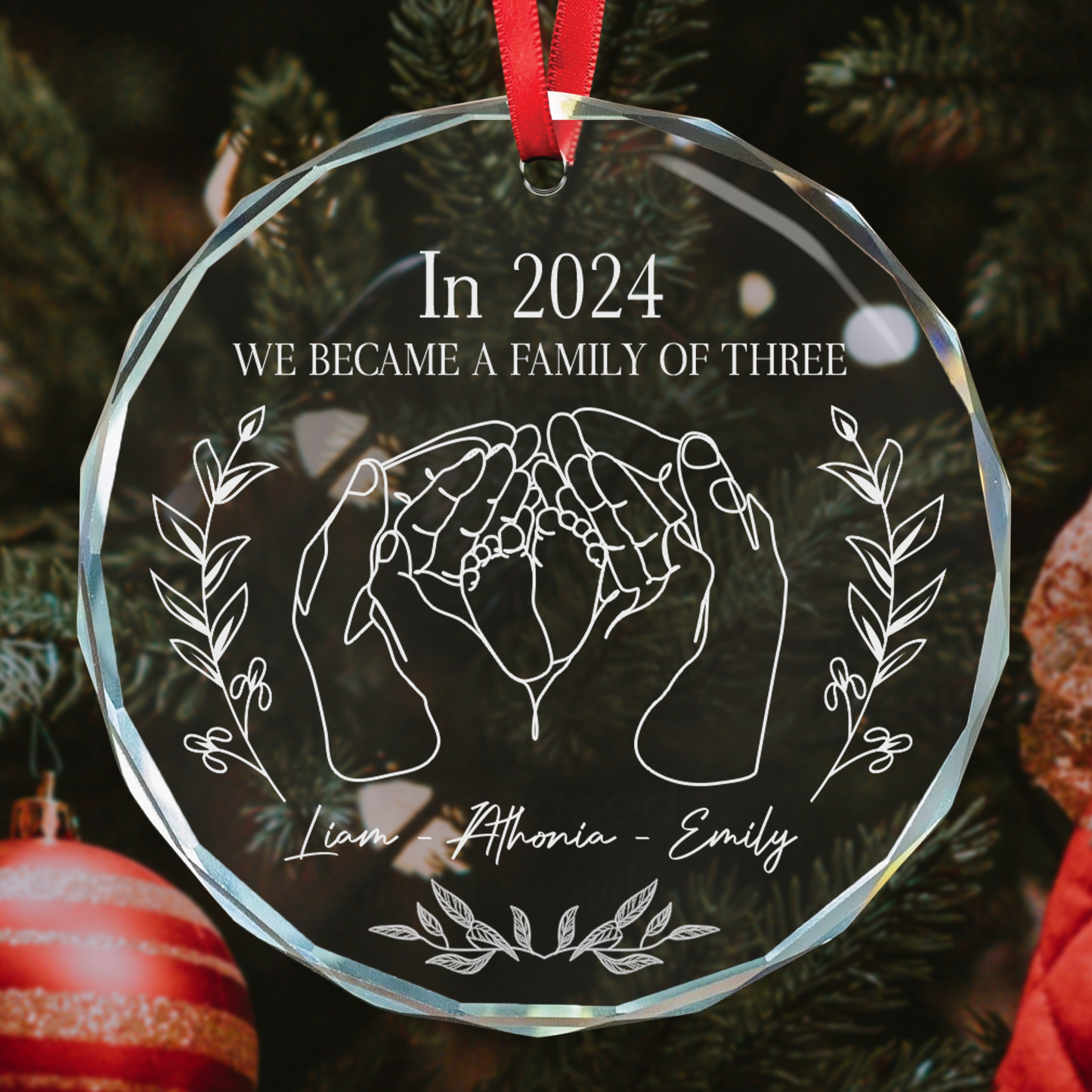 We Became A Family Of Three - Personalized Glass Ornament