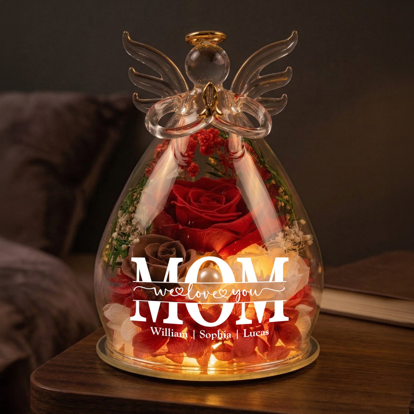 We Love You Mom! - Personalized Flower In Glass Angel Figurines