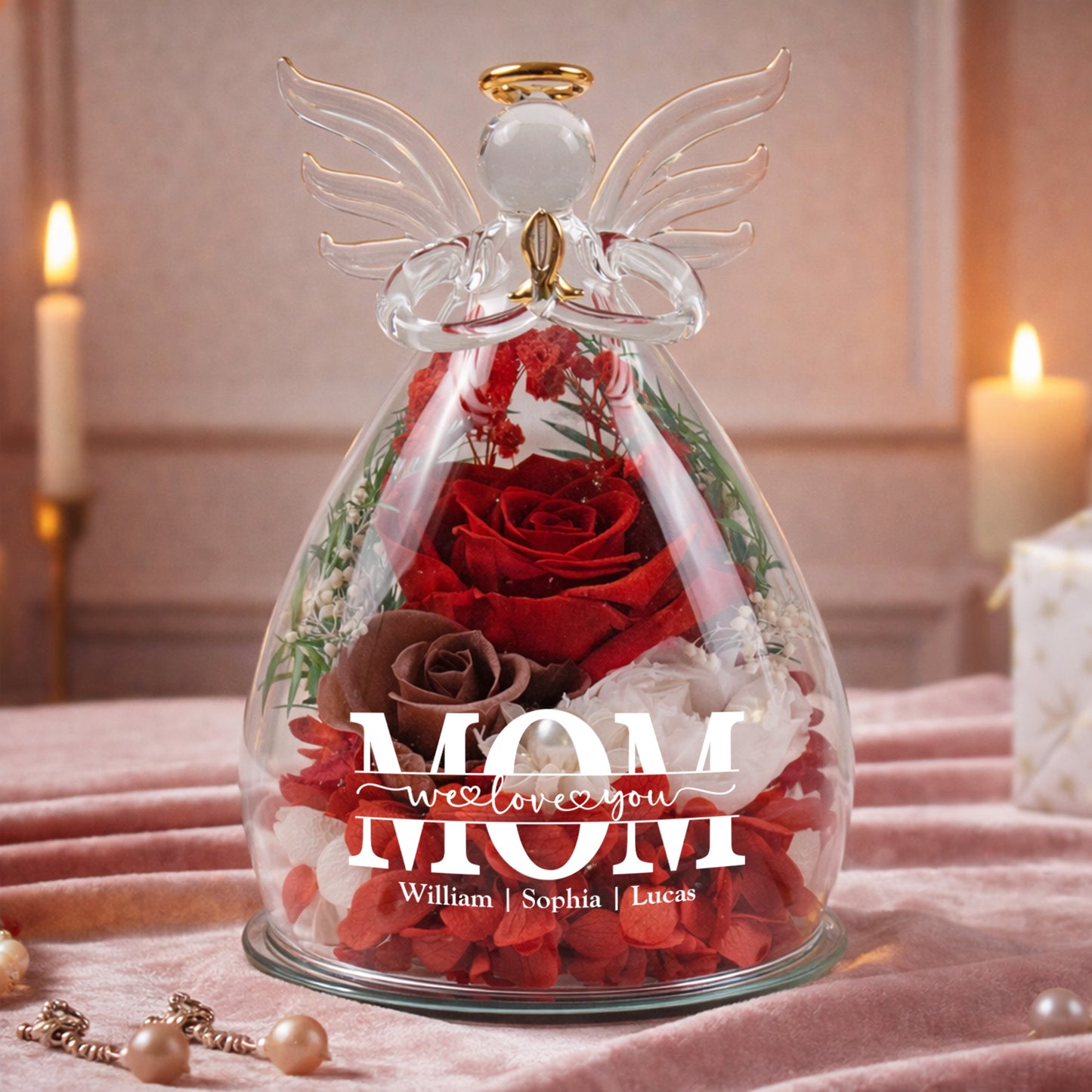 We Love You Mom! - Personalized Flower In Glass Angel Figurines