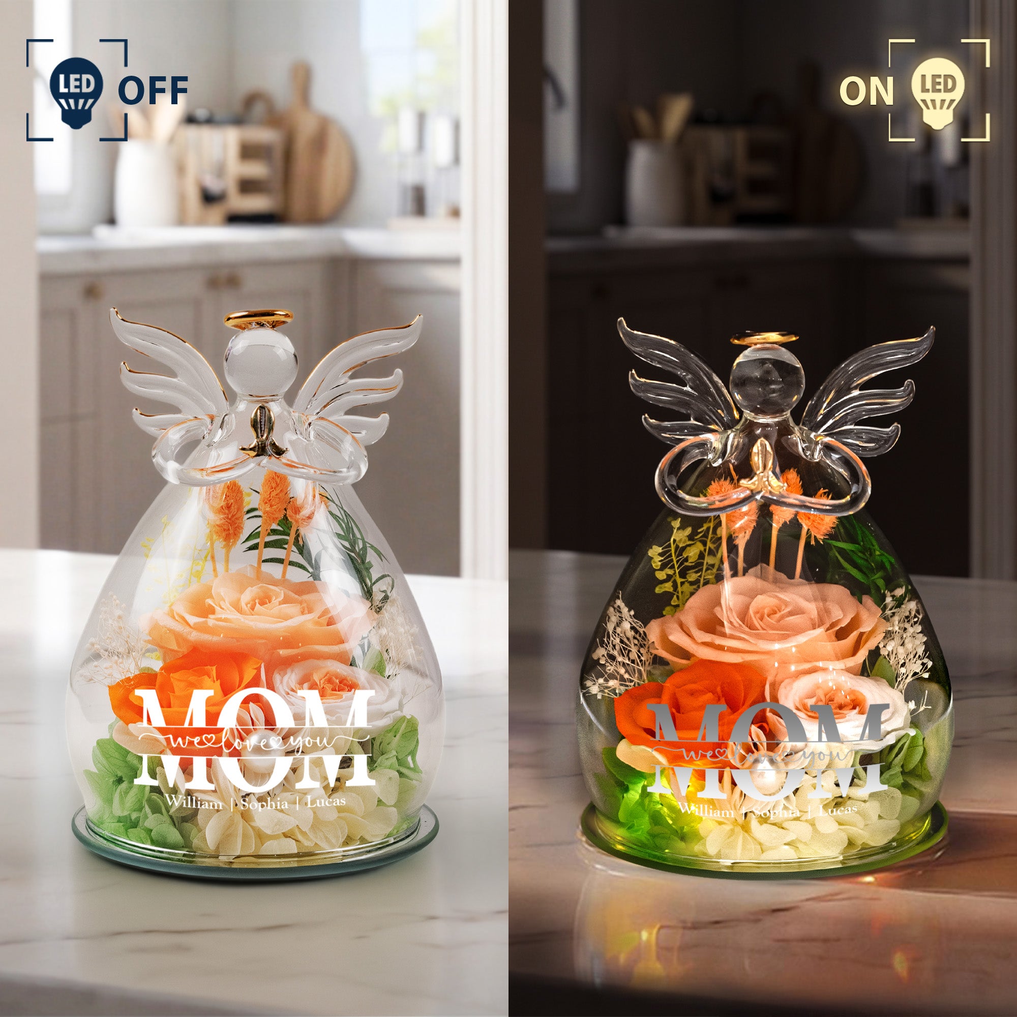 Mother's Day Gifts, We Love You Mom! - Personalized Flower In Glass Angel Figurines