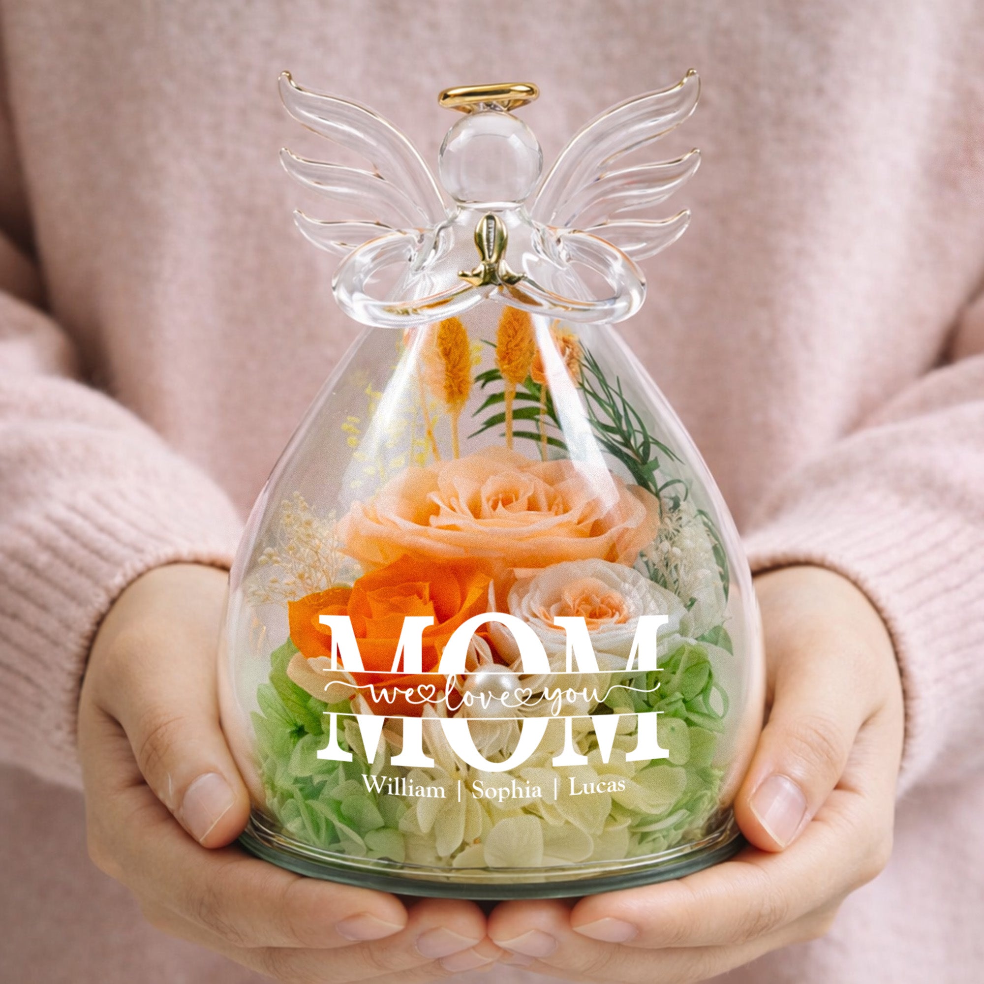 Mother's Day Gifts, We Love You Mom! - Personalized Flower In Glass Angel Figurines