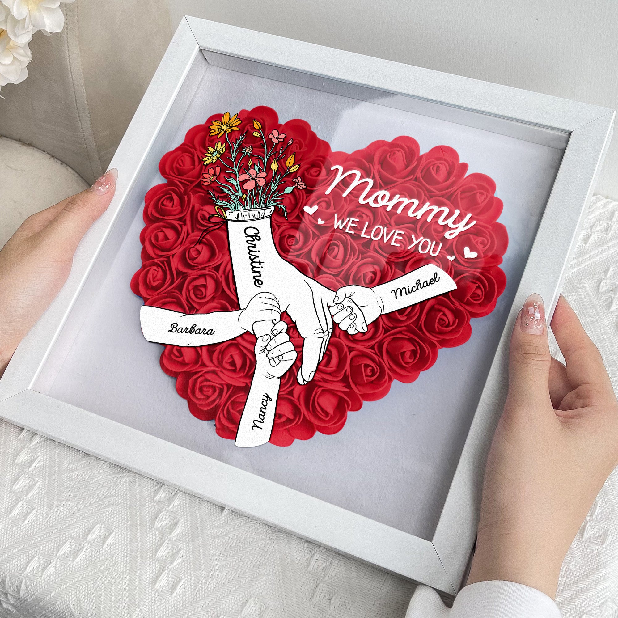 We Love You Mommy Hand Holding - Personalized Flower Shadow Box