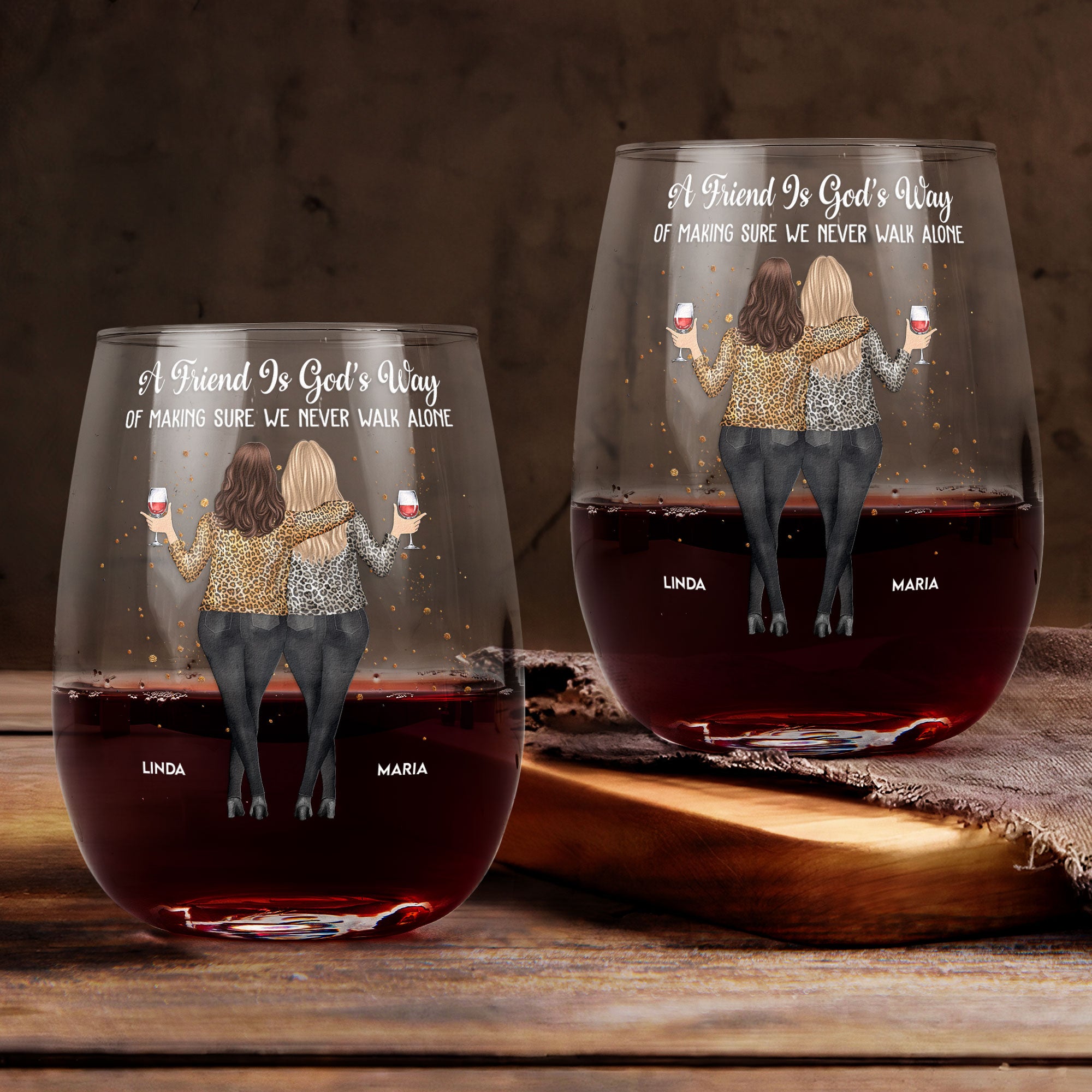 We Never Walk Alone Friendship - Personalized Stemless Wine Glass - Gift For Friend