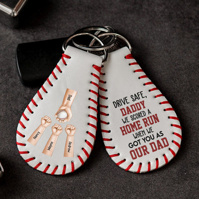 We Scored A Home Run When We Got You As Our Dad - Personalized Leather Baseball Keychain