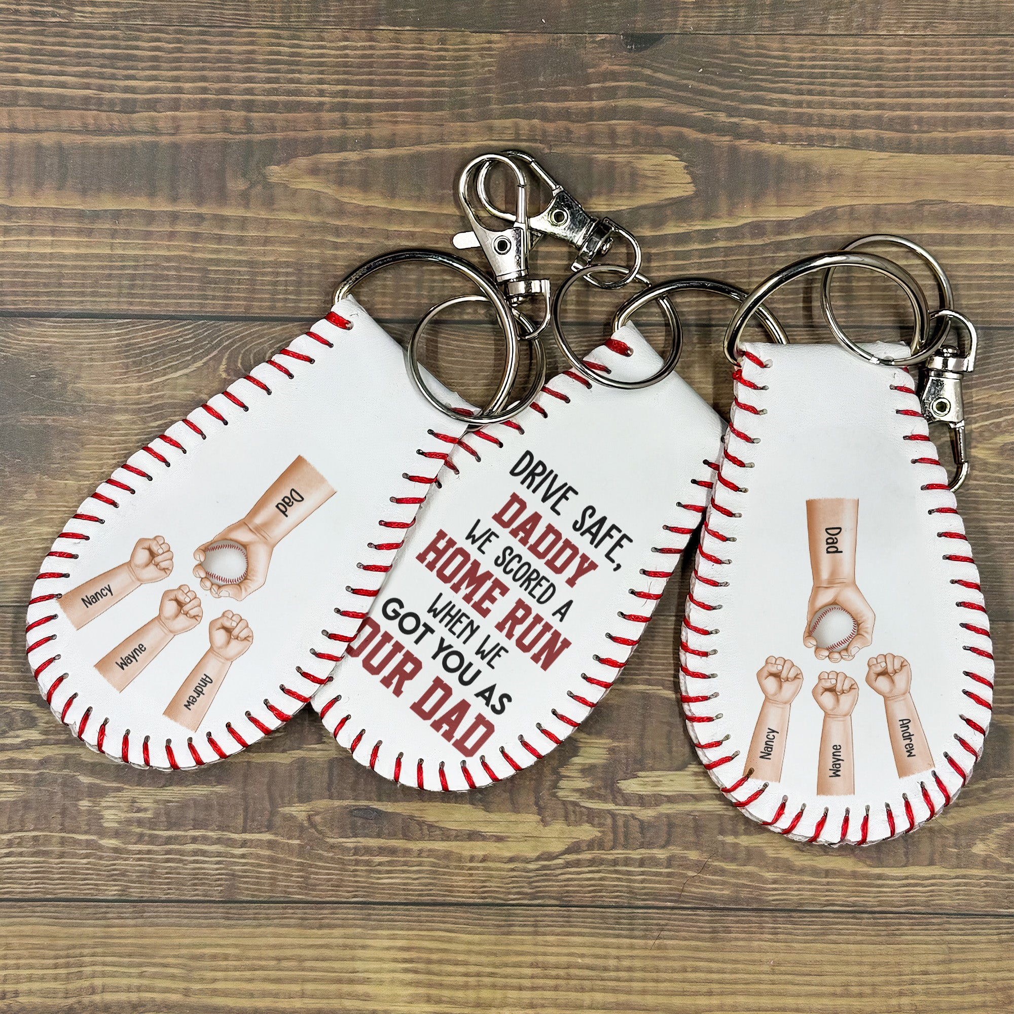 We Scored A Home Run When We Got You As Our Dad - Personalized Leather Baseball Keychain