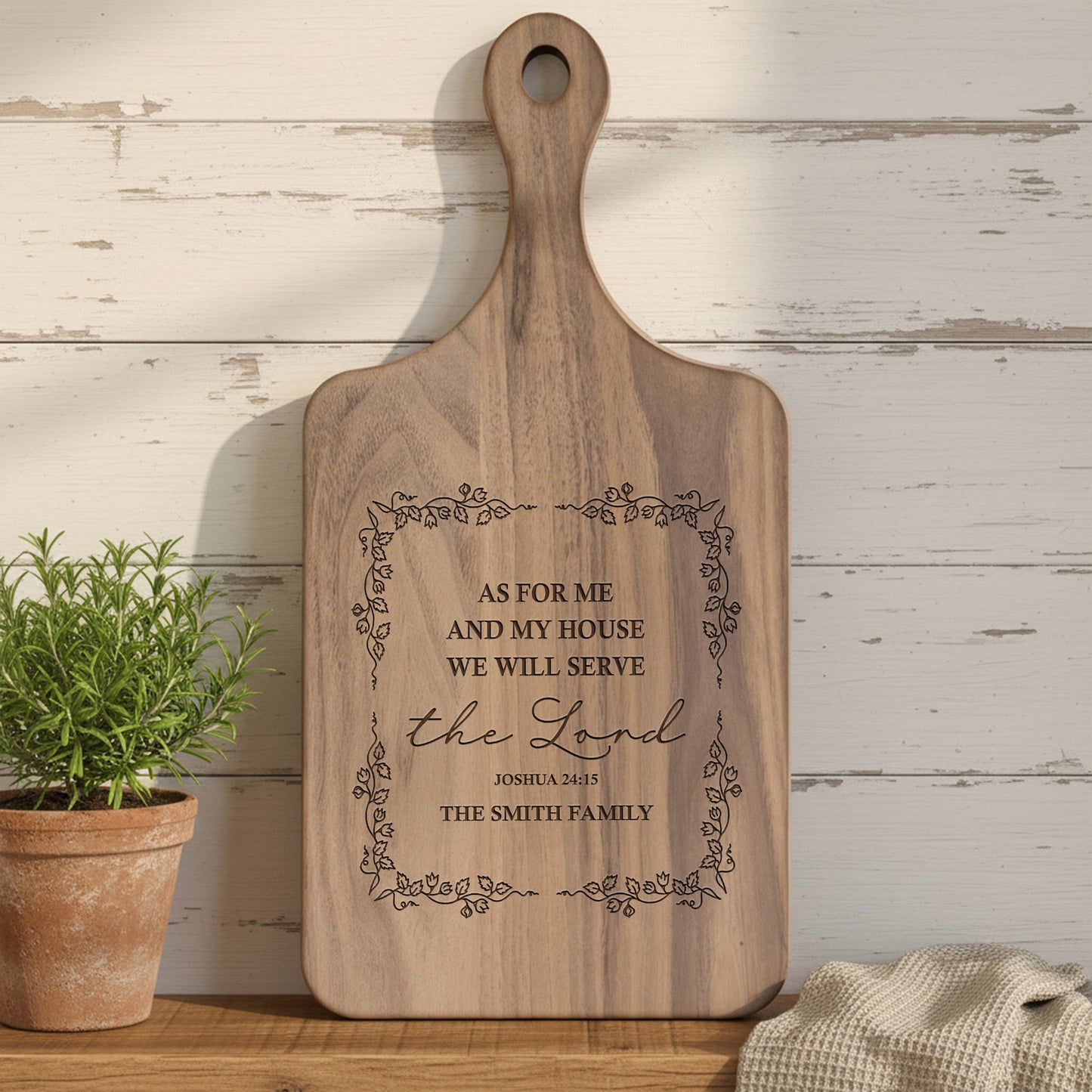 We Will Serve The Lord - Joshua 24:15 - Personalized Paddle Cutting Board