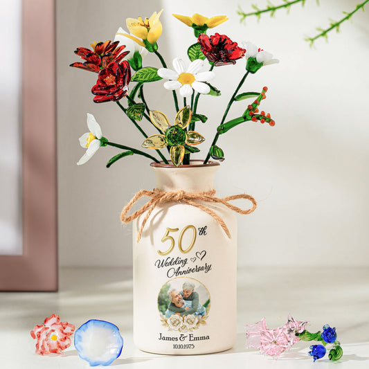 Wedding Anniversary Gift For Her - Personalized Photo Vase With Glass Birth Month Flowers