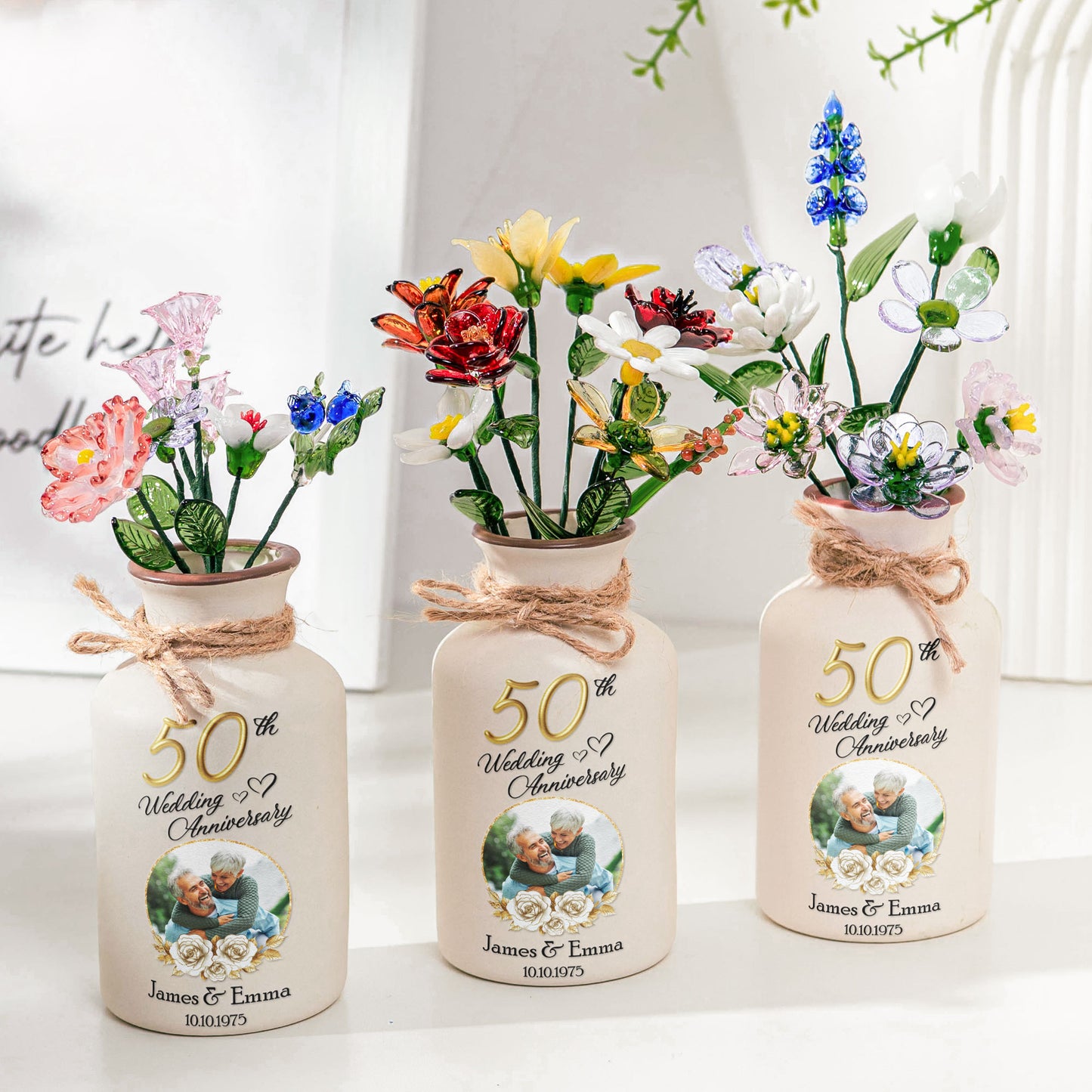 Wedding Anniversary Gift For Her - Personalized Photo Vase With Glass Birth Month Flowers