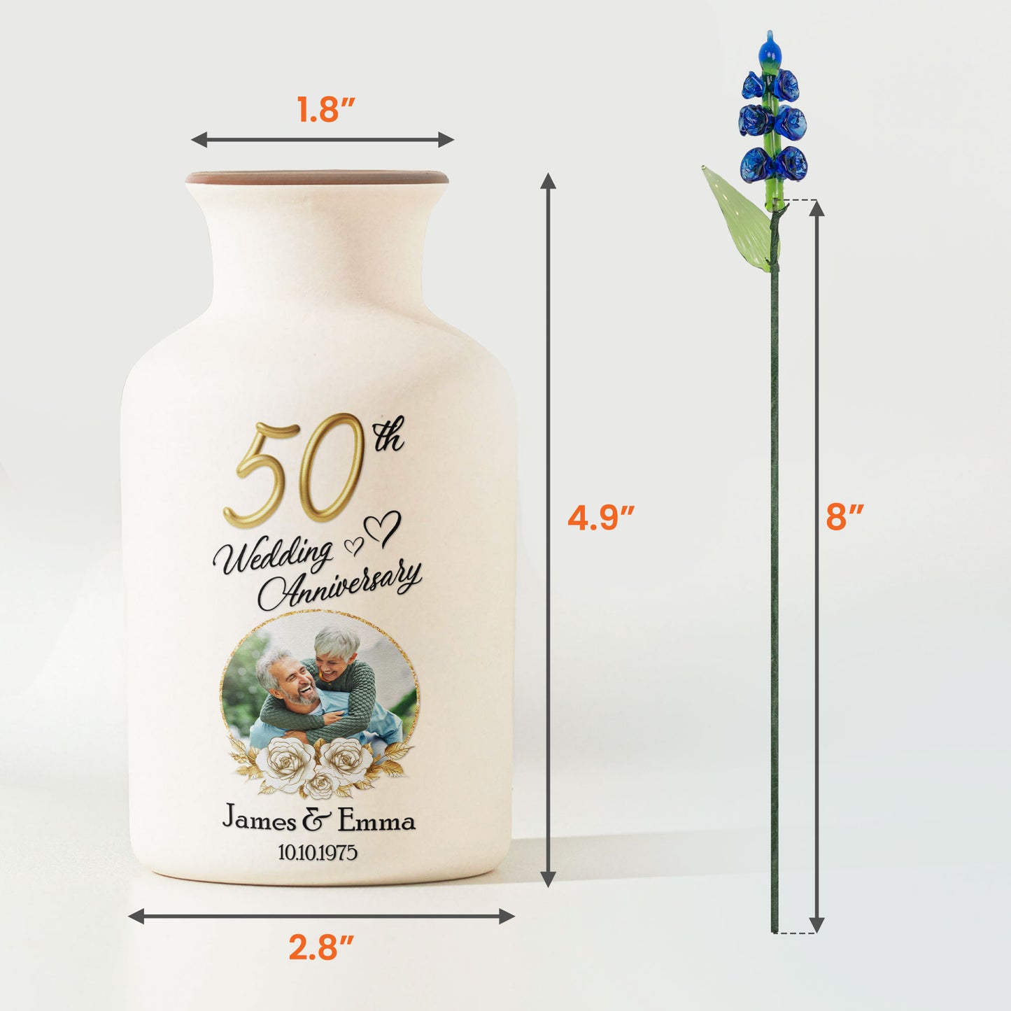 Wedding Anniversary Gift For Her - Personalized Photo Vase With Glass Birth Month Flowers