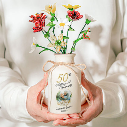Wedding Anniversary Gift For Her - Personalized Photo Vase With Glass Birth Month Flowers